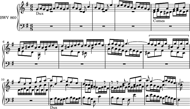 
\version "2.18.2"
\header {
  tagline = ##f
}
DuxNotes    = { g8 a16 g fis g a8 b16 a g a | b8 a g d c'4 | b8 a g fis e'4 | d8 e16 d c b a8 c16 b a g }
Dux         = { s4*0_\markup{Dux} \DuxNotes }
Comes       = { s4*0_\markup{Comes} \transpose g d \relative \DuxNotes }
Semoc       = { }
Xud         = { \inversion d a \transpose g d { \relative { \DuxNotes } } }
upper = \relative c'' {
  \clef treble 
  \key g \major
  \time 6/8
  \tempo 4 = 72
  %\set Staff.midiInstrument = #"harpsichord" 
   %% FUGUE CBT I-15, BWV 860, sol majeur 
   << { \Dux fis8 g a g a b | a b16 cis d b cis b cis d e cis | d cis d e fis d e d e fis g e | fis8 g16 fis e d g4.~ \[ g16 fis e g d g cis, g' b, g' a, g' \] fis8 d e fis g a~ a d, g~ g fis e d c b a4 r8 r8 r8 d8~ d c a'~ a g4~ g8 a16 g fis e d2.*1/16~ \hideNotes d8 } \\ { R2.*4 \transpose c c' { \Comes } cis,8 g' fis e d cis | d16 e fis d g d a' d, b' d, c' d, b'4. c~ c8 fis, g~ g fis16 g a fis | g fis g a b g a g a b c a b8 c16 b a g c4.~ c16 } >>
}
lower = \relative c' {
  \clef bass 
  \key g \major
  \time 6/8
  %\set Staff.midiInstrument = #"harpsichord" 
   R2.*10 \Dux fis4 %%% \break \Xud
} 
\score {
  \new PianoStaff <<
    \set PianoStaff.instrumentName = #"BWV 860"
    \new Staff = "upper" \upper
    \new Staff = "lower" \lower
  >>
  \layout {
    \context {
      \Score
      \remove "Metronome_mark_engraver"
      \override SpacingSpanner.common-shortest-duration = #(ly:make-moment 1/3)
    }
  }
  \midi { }
}
