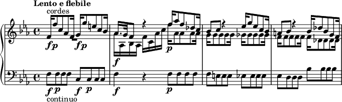  
\version "2.18.2"
\header {
  tagline = ##f
}
upper = \relative c' {
  \clef treble 
  \key ees \major
  \time 4/4
  \tempo "Lento e flebile"
  \tempo 4 = 54
  \mergeDifferentlyDottedOn
   %% Scarlatti — Salve Regina [V] incipit
   << { f16\f-\markup{cordes} f'8\p c aes f16 g\f g'8\p e c bes16 | aes16. g32 f8 r4 f'16\p aes8 f des c16 | bes8 c r4  ees16 g8 ees c bes16 | a8 bes r4  bes16 des8 bes g f16 } \\ { R1 aes16\f aes, bes aes f' c aes' c f16 aes,8 aes aes aes16 | g16 g8 g g g16  ges16 ges8 ges ges ges16  f16 f8 f f f16  f16 des8 des des des16 } >>
}
lower = \relative c { 
  \clef bass
  \key ees \major
  \time 4/4
    f8\f-\markup{continuo} f\p f f c\f c\p c c | f4\f r4 f8\p f f f | f e e e ees ees ees ees | ees d d d bes' bes bes bes
}
\score {
  \new PianoStaff 
  <<
    \new Staff = "upper" \upper
    \new Staff = "lower" \lower
  >>
  \layout {
    #(layout-set-staff-size 17)
    \context {
      \Score
       \override SpacingSpanner.common-shortest-duration = #(ly:make-moment 1/2)
    }
  }
  \midi { }
}
