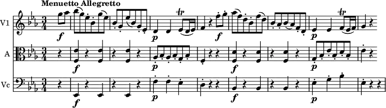 
<< \new Staff \with { instrumentName = #"V1 "}  
     \relative c'' {
    \version "2.18.2"
    \key ees \major 
    \tempo "Menuetto Allegretto"
    \time 3/4
    \tempo 4 = 140
  s2 g'8\f aes 
  bes (g) ees-. bes-. g' (ees)
  bes-. g-. ees' (bes) g-. ees-.
  d4\p d ees8\trill (d16 ees)
  f4 r
  f'8-.\f g-. 
  aes (f) d-. bes-. f' (d)
  bes-. aes-. bes (aes) f-. d-.
  ees4\p ees f8\trill (ees16 f)
  g4 r
}
\new Staff \with { instrumentName = #"A "} \relative c' {
    \key ees \major 
    \clef "alto"
    s2 r4 <f, ees'>4\f r <f ees'> r <f ees'> r
    aes8-.\p bes-. aes-. bes-.g-. bes-.
    f4-. r r
    <f d'>4\f r <f d'> r <f d'> r
    g8-.\p bes-. ees-. bes-. d-. bes-.
    ees4-. r
 }
 \new Staff \with { instrumentName = #"Vc "} \relative c' {
    \key ees \major 
    \clef "bass"
    s2 r4 ees,,\f r ees r ees r
    f'-.\p f-. ees-.
    d-. r r 
    bes4\f  r bes r bes r
    ees-.\p g-. bes-. ees,-. r r
 } 
>>
