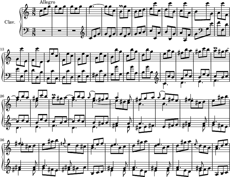 
\version "2.18.2"
\header {
  tagline = ##f
  % composer = "Domenico Scarlatti"
  % opus = "K. 157"
  % meter = "Allegro"
}
%% les petites notes
trillBq     = { \tag #'print { b8\prall } \tag #'midi { c32 b c b } }
trillAq     = { \tag #'print { a8\prall } \tag #'midi { b32 a b a } }
upper = \relative c'' {
  \clef treble 
  \key c \major
  \time 3/8
  \tempo 4. = 82
  \set Staff.midiInstrument = #"harpsichord"
  \override TupletBracket.bracket-visibility = ##f
      s8*0^\markup{Allegro}
      c8 e g | \repeat unfold 2 { g e g } | g4.~ | g8 g c, | \trillBq g'8 c, | b c d | e c' c, |
      % ms. 9
      d8 c' b, | c c' a, | b c' g, | a c' f,, | g c' e,, | f c'' d,, | e e' c | f, e' c |
      % ms. 17
      g8 e' c | a e' c | b b' g | c, b' g | d b' g | e a g | fis b a | gis c b |
      % ms. 25
      << { \stemDown \trillAq gis a~ \stemUp | a8 b a | gis c b | \stemDown \trillAq gis a~ \stemUp | a8 b a | \appoggiatura a16 g8 fis g | a4 e8 | fis g a } 
      \\ { s4. f4. | e8 s4 | s4. | f4. | e~ | e8 dis c | b4. } >>
      % ms. 33
      << { \appoggiatura a'16 g8 fis e } \\ { b4. } >>
      \repeat unfold 2 { << { fis'4. } \\ { e8 cis d | e ais b } >> } | \appoggiatura fis16 e8 d cis | << { d8 e f | e4. } \\ { b4. | d8 b c } >>
      % ms. 41
      d8 gis a | << { e4. } \\ { d8 b c } >> | d8 gis a | \appoggiatura e16 d8 c b | << { c8 d e } \\ { a,4. } >>
      % ms. 49
}
lower = \relative c' {
  \clef bass
  \key c \major
  \time 3/8
  \set Staff.midiInstrument = #"harpsichord"
  \override TupletBracket.bracket-visibility = ##f
    % ************************************** 
      R4.*3 |   \clef treble  c8 e g | \repeat unfold 2 { g e g } | g a b | c c, a' |
      % ms. 9
      b8 b, g' | a a, f' | g   \clef bass g, e' | f f, d' | e e, c' | d d, b' | c, c' c, | d c' d, |
      % ms. 17
      e8 c' e, | fis c' fis, | g g' g, | a g' a, | b g' b, |  \clef treble << { c8 c' b | a d c | b e d } \\ { \mergeDifferentlyDottedOn c,4. d e } >>
      % ms. 25
      << { c'8 b c~ | c d c | b e d | c b c~ | c d c | b ais b | a4 a8 | a4. } 
      \\ { f4. d e | f d e | fis4 e8 | dis8 e fis |  } >>
      % ms. 33
      e8 fis g |
      << { \repeat unfold 2 { ais4 ais8 | b4. } ais8 } \\ { \repeat unfold 2 { fis4 fis8 | g fis e } |
      fis8 gis ais } >> | b,8 c d | 
      % ms. 40
      \repeat unfold 2 { << { gis4 gis8 | a4.  } \\ { e4 e8 | f e d } >> } | << { gis8 } \\ { e8 f gis } >>  | a,8 b c 
      % ms. 49
}
thePianoStaff = \new PianoStaff <<
    \set PianoStaff.instrumentName = #"Clav."
    \new Staff = "upper" \upper
    \new Staff = "lower" \lower
  >>
\score {
  \keepWithTag #'print \thePianoStaff
  \layout {
      #(layout-set-staff-size 17)
    \context {
      \Score
     \override SpacingSpanner.common-shortest-duration = #(ly:make-moment 1/2)
      \remove "Metronome_mark_engraver"
    }
  }
}
\score {
  \keepWithTag #'midi \thePianoStaff
  \midi { }
}
