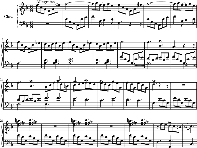 
\version "2.18.2"
\header {
  tagline = ##f
  % composer = "Domenico Scarlatti"
  % opus = "K. 541"
  % meter = "Allegretto"
}
%% les petites notes
trillBespDown     = { \tag #'print { bes,4.\prall } \tag #'midi { c32 bes c bes~ bes4 } }
trillFq           = { \tag #'print { f8\prall } \tag #'midi { \times 2/3 { f32 g f~ } f16  } }
trillEq           = { \tag #'print { e8\prall } \tag #'midi { \times 2/3 { e32 f e~ } e16  } }
trillDpUp         = { \tag #'print { d'4.\prall } \tag #'midi { e32 d e d~ d4  } }
trillDq           = { \tag #'print { d8\prall } \tag #'midi { \times 2/3 { d32 e d~ } d16  } }
trillDFtBp        = { \tag #'print { < d f b >4.-\tweak X-offset #-3 -\tweak extra-offset #'(6.2 . -0.7)\trill } \tag #'midi { << { e32 f e f~ f4 } \\ { < d b' >4. } >> } }
trillEGtCBp       = { \tag #'print { < e g c >4.-\tweak X-offset #-3 -\tweak extra-offset #'(6.2 . -0.4)\trill } \tag #'midi { << { a32 g a g~ g4 } \\ { < e c' >4. } >> } }
upper = \relative c'' {
  \clef treble 
  \key f \major
  \time 6/8
  \tempo 4. = 92
  \set Staff.midiInstrument = #"harpsichord"
  \override TupletBracket.bracket-visibility = ##f
      s8*0^\markup{Allegretto}
      \repeat unfold 2 { f8 c a f a fis' | g2.~ | g8 a f~ f g e } | 
      % ms. 7
      \repeat unfold 2 { f8 c a f c' ees | d bes d e bes e } |
      % ms. 11
      f2. | f4. \trillBespDown | a4. r4 r8 | f'4. \trillBespDown | << { \mergeDifferentlyDottedOn s4. a'4. } \\ { a,8 c f a d, b } >>
      % ms. 16
      << { g'4. } \\ { c,8 d e } >> \trillFq e8 d | \trillEq d8 c g' e g, | f' d g, e' c g | \trillDpUp r4 r8 |
      % ms. 21
      \repeat unfold 3 { R2. | \trillDFtBp  \trillEGtCBp } | 
      % ms. 26
      r8 f8 e \trillDq c8 b | \appoggiatura b8 c4. 
}
lower = \relative c' {
  \clef bass
  \key f \major
  \time 6/8
  \set Staff.midiInstrument = #"harpsichord"
  \override TupletBracket.bracket-visibility = ##f
    % ************************************** \appoggiatura a16  \repeat unfold 2 {  } \times 2/3 { }   \omit TupletNumber 
      R2. | c8 g e c c' e | f4 a,8 bes4 c8 | f,4. r4 r8 | c'8 g e c c' e |
      % ms. 6
       f4 a,8 bes4 c8 | f,2. | < f bes >4. < f g bes > | < f a c >2. | < f bes >4. < f g bes > |
      % ms. 11
      \repeat unfold 2 { << { f'8 c a f c' ees | d bes d e bes e } \\ { \mergeDifferentlyDottedOn s4. f,4.~ | f2. } >> } << { f'4. f } \\ { f,4. } >>
      % ms. 16
      \repeat unfold 2 { e'4. d c } g4. e'8 c g | \repeat unfold 6 { f'8 d g, e' c g } | 
      % ms. 26
      f4. < g, g' > | c4.
}
thePianoStaff = \new PianoStaff <<
    \set PianoStaff.instrumentName = #"Clav."
    \new Staff = "upper" \upper
    \new Staff = "lower" \lower
  >>
\score {
  \keepWithTag #'print \thePianoStaff
  \layout {
      #(layout-set-staff-size 17)
    \context {
      \Score
     \override SpacingSpanner.common-shortest-duration = #(ly:make-moment 1/2)
      \remove "Metronome_mark_engraver"
    }
  }
}
\score {
  \keepWithTag #'midi \thePianoStaff
  \midi { }
}
