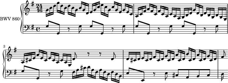 
\version "2.18.2"
\header {
  tagline = ##f
}
upper = \relative c'' {
    \clef treble 
    \key g \major
    \time 4/4
    \set Staff.timeSignatureFraction = 24/16
    \scaleDurations 2/3
    \tempo 4 = 68
    \set Staff.midiInstrument = #"harpsichord" 
    \override TupletBracket.bracket-visibility = ##f
     %% PRÉLUDE CBT I-15, BWV 860, sol majeur
     \times 2/3 { g16 b d  g[ d b]  d[ b g]  b[ g d]  e[ g c]  e[ c g] c[ g e] g[ e c] | a[ c fis] a[ fis c] fis[ c a] c[ a fis] g[ b d] g[ d b] d[ b g] b[ g e] | a[ cis e] a[ e cis] e[ cis a] cis[ a e] } d'8 r8 r8 d  \times 2/3 { d16[ cis d]  e[ cis d]  fis[ cis d]  g[ cis, d]  a'[ cis, d]  b'[ cis, d]  a'[ cis, d]  g[ cis, d] } fis8
}
lower = \relative c' {
    \clef bass 
    \key g \major
    \time 4/4
    \set Staff.midiInstrument = #"harpsichord" 
    \override TupletBracket.bracket-visibility = ##f
     g8 g, r8 g' g[ g,] r8 g' | g g, r8 g' g g, r8 g' g g, r8 g' \times 2/3 { fis16[ a cis]  d[ a fis]  a[ fis d]  fis[ d b] } e8 e, r8 e' cis a b cis d16
} 
\score {
  \new PianoStaff <<
    \set PianoStaff.instrumentName = #"BWV 860"
    \new Staff = "upper" \upper
    \new Staff = "lower" \lower
  >>
  \layout {
    \context {
      \Score
      \omit TupletNumber
      \remove "Metronome_mark_engraver"
      \override SpacingSpanner.common-shortest-duration = #(ly:make-moment 1/2)
    }
  }
  \midi { }
}
