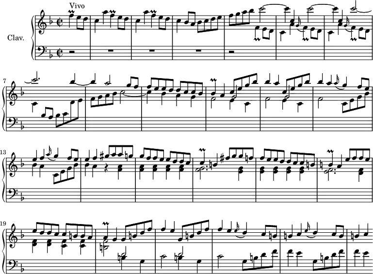 
\version "2.18.2"
\header {
  tagline = ##f
  % composer = "Domenico Scarlatti"
  % opus = "K. 205"
  % meter = "Vivo"
}
%% les petites notes
trillF       = { \tag #'print { f4\prall } \tag #'midi { g32 f g f~ f8 } }
trillFd      = { \tag #'print { f4_\prall } \tag #'midi { g32 f g f~ f8 } }
trillBes     = { \tag #'print { bes4\prall } \tag #'midi { c32 bes c bes~ bes8 } }
trillC       = { \tag #'print { c4\prall } \tag #'midi { d32 c d c~ c8 } }
trillB       = { \tag #'print { b4\prall } \tag #'midi { c32 b c b~ b8 } }
trillA       = { \tag #'print { a4\prall } \tag #'midi { b32 a b a~ a8 } }
upper = \relative c'' {
  \clef treble 
  \key f \major
  \time 2/2
  \tempo 2 = 72
  \set Staff.midiInstrument = #"harpsichord"
  \override TupletBracket.bracket-visibility = ##f
      \partial 2
      s8*0^\markup{Vivo}
      \trillF e8 d | \repeat unfold 2 { c4 a' \trillF e8 d } | c4 bes8 a bes c d e |
      % ms. 4
      f8 g a bes \repeat unfold 2 { \stemDown c2~ | c4 \stemUp c, } c'2~ | c2. \stemNeutral bes4~ |
      % ms. 8
      bes4 \stemUp a2 g8 f | f e e d d c c bes | \trillBes a4  \repeat unfold 2 { c8 e g bes | bes4 a } \repeat unfold 2 { \appoggiatura a16 g4 f8 e |
      % ms. 13
      e4 f } gis8 a a g | g f f e e d d c |
      % ms. 16
      \trillC b4 fis'8 g g f | f e e d d c c b | \trillB a4 e'8 f f e | e d d c c b b a | 
      % ms. 20
      \trillA g4 \repeat unfold 2 { g8 b d f | f4 e } \repeat unfold 2 { \appoggiatura e16 d4 c8 b | b4 c }
}
lower = \relative c' {
  \clef bass
  \key f \major
  \time 2/2
  \set Staff.midiInstrument = #"harpsichord"
  \override TupletBracket.bracket-visibility = ##f
    % ************************************** \appoggiatura a16  \repeat unfold 2 {  } \times 2/3 { }   \omit TupletNumber 
      r2 | R1*3 | r2 \stemDown \change Staff = "upper" \trillFd e8 d | \repeat unfold 2 { c4 a' \appoggiatura g16 \trillFd e8 d } | c4 \stemUp \change Staff = "lower"  bes8 a \stemDown bes c \change Staff = "upper"  d e | 
      % ms. 8
      f8 g a bes c2_~ | c4 bes a g | << { \repeat unfold 2 { \stemDown f2 \stemUp \shiftOn g2 } \stemDown f } \\ { \repeat unfold 2 { s2 e4 c } } >> 
      % ms. 12 suite
      \repeat unfold 2 { c8 e g bes | bes4 a } r4 < f a >4 | q q q q |
      % ms. 16
      < f g >2. < e g >4 | q q q q | < e f >2. < d f >4 | q q < c f >4 q |
      % ms. 20
      < b f' >2 \stemNeutral \change Staff = "lower"  \repeat unfold 2 { << { d2 | s2 } \\ { b4 g | c2 } >> } \repeat unfold 2 { g8 b d f | f4 e }
}
thePianoStaff = \new PianoStaff <<
    \set PianoStaff.instrumentName = #"Clav."
    \new Staff = "upper" \upper
    \new Staff = "lower" \lower
  >>
\score {
  \keepWithTag #'print \thePianoStaff
  \layout {
      #(layout-set-staff-size 17)
    \context {
      \Score
     \override SpacingSpanner.common-shortest-duration = #(ly:make-moment 1/2)
      \remove "Metronome_mark_engraver"
    }
  }
}
\score {
  \keepWithTag #'midi \thePianoStaff
  \midi { }
}
