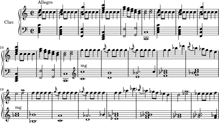 
\version "2.18.2"
\header {
  tagline = ##f
}
%% les petites notes
trillFb = { \tag #'print { f2\prall } \tag #'midi { g16 f g f~ f4 } }
upper = \relative c'' {
  \clef treble 
  \key c \major
  \time 2/2
  \tempo 2 = 120
  \set Staff.midiInstrument = #"harpsichord"
  \override TupletBracket.bracket-visibility = ##f
      s8*0^\markup{Allegro}
      \repeat unfold 2 { << { < g e' >4 s2. | < a e' >4 s2. | < a a' >4 s2. | < e' g c >4 } \\ { \repeat unfold 4 { c4 c8 c c4 c } } >> | < f a >4 < e g >8 < d f > < c e >4 < b d > |
      % ms. 6
      < b d >2 < c e > } | 
      % ms. 13
      g'4 g8 g g4 g | \appoggiatura a16 g4 g8 g g4 g | \appoggiatura aes16 g4 g8 g g4 g | g g bes des | \appoggiatura c16 bes4 aes8 g f4 e |
      % ms. 18 
      e2 \trillFb | f4 f8 f f4 f | \appoggiatura g16 f4 f8 f f4 f | \appoggiatura ges16 f4 f8 f f4 f | f f aes ces |
      % ms. 23
      \appoggiatura bes16 aes4 ges8 f ees4 d | d2 ees2-\parenthesize\prall | ees4 ees8 ees ees4 f | 
}
lower = \relative c' {
  \clef bass
  \key c \major
  \time 2/2
  \set Staff.midiInstrument = #"harpsichord"
    % **************************************
      \repeat unfold 2 { < c, e g c >4 s2. | < a c e a >4 s2. | < f c' f >4 s2. | < c e g c >4 s2. | < f f' >2 < g g' > |
      % ms. 6
      < c, c' >1 } |   \clef treble 
      % ms. 13
      < c'' c' >1^\markup{mg} | < d b' > | << { bes'2. c4 } \\ { e,1 } >> | < f bes des >1 | < g bes c e > |
      % ms. 18
      < aes c >1^\markup{mg} | < bes, bes' > | < c a' > | << { aes'2. bes4 } \\ { d,1 } >> | < ees aes ces >1 |
      % ms. 23
      < f aes bes d >1  | < ges bes > | q2. < f aes >4
}
thePianoStaff = \new PianoStaff <<
    \set PianoStaff.instrumentName = #"Clav."
    \new Staff = "upper" \upper
    \new Staff = "lower" \lower
  >>
\score {
  \keepWithTag #'print \thePianoStaff
  \layout {
      #(layout-set-staff-size 17)
    \context {
      \Score
     \override SpacingSpanner.common-shortest-duration = #(ly:make-moment 1/2)
      \remove "Metronome_mark_engraver"
    }
  }
}
\score {
  \keepWithTag #'midi \thePianoStaff
  \midi { }
}
