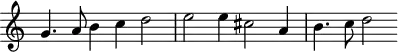 
\header {
  tagline = ##f
}
\score {
  \new Staff \with {
     \remove "Time_signature_engraver"
  }
<<
  \relative c'' {
    \key c \major
    %\clef bass
    \time 3/2
    \override TupletBracket #'bracket-visibility = ##f 
     %%% f° 3
     g4. a8 b4 c d2 e e4 cis2 a4 b4. c8 d2
  }
>>
  \layout {
     \context { \Score \remove "Metronome_mark_engraver" }
  }
  \midi {}
}
