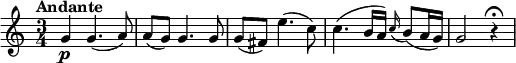 
\relative c'' {
   \version "2.18.2"
   \key c \major
   \time 3/4   
   \tempo "Andante"
   \tempo 4 = 60
  g4 \p g4. (a8)
  a (g) g4. g8
  g (fis) e'4. (c8)
  c4. (b16 a) \grace c16 ( b8) (a16 g)
  g2 r4 \fermata
}
