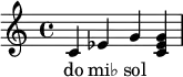 
{
   <<
   \relative c' {
      \key c \major
      \time 4/4
      \transposition c'
      c ees g << g ees c >>
      }
   \addlyrics { do mi♭ sol
      }
   >>
}
