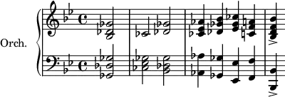 
\version "2.18.2"
\header {
  tagline = ##f
}
upper = \relative c'' {
  \clef treble 
  \key bes \major
    \time 4/4
    \tempo 4 = 80
  %\autoBeamOff
    \set Staff.midiInstrument = #"string ensemble 1"
  \set Score.currentBarNumber = #173
  \bar ""
   \partial 2 < ges des bes >2 ces,2 < ges' des >2 < aes ees ces >4 < bes ges des > < ces ges ees > < a! f c! >
   < bes f d bes >->
}
lower = \relative c' {
  \clef bass
  \key bes \major
    \time 4/4
    \set Staff.midiInstrument = #"string ensemble 1"
    < ges des ges, >2 < ges ees ces > < ges des bes > < aes aes, >4 < ges ges, > < ees ees, > < f f, > \tempo 4 = 50 < bes, bes, >->
} 
\score {
  \new PianoStaff <<
    \set PianoStaff.instrumentName = #"Orch."
    \new Staff = "upper" \upper
    \new Staff = "lower" \lower
  >>
  \layout {
    \context {
      \Score
      \remove "Metronome_mark_engraver"
    }
  }
  \midi { }
}
