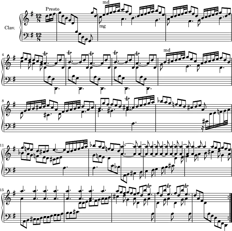 
\version "2.18.2"
\header {
  tagline = ##f
  % composer = "Domenico Scarlatti"
  % opus = "K. 14"
  % meter = "Presto"
}
%% les petites notes
trillAp      = { \tag #'print { a4.\trill~ } \tag #'midi { b32 a b a~ a4~ } }
trillApUp    = { \tag #'print { a'4.\trill~ } \tag #'midi { b32 a b a~ a4~ } }
trillBpUp    = { \tag #'print { b'4.\trill~ } \tag #'midi { c32 b c b~ b4~ } }
trillCisp    = { \tag #'print { cis4.\trill~ } \tag #'midi { d32 cis d cis~ cis4~ } }
trillEpDown  = { \tag #'print { e,4.\trill } \tag #'midi { fis32 e fis e~ e4 } }
upper = \relative c'' {
  \clef treble 
  \key g \major
  \time 12/8
  \tempo 4. = 92
  \set Staff.midiInstrument = #"harpsichord"
  \override TupletBracket.bracket-visibility = ##f
  \omit TupletNumber
  \repeat volta 2 {
      \partial 8
      s8*0^\markup{Presto}
      \times 2/3 { d16 e fis } | g8 d b g d  \stemUp \change Staff = "lower" b \change Staff = "upper" s4. s8 g''8 d | s8 e16^\markup{md} fis g a32 b c8 a fis s8 d16 e fis g32 a b8 g e |
      % ms. 3
      s8 c16 d e fis32 g a8 fis d s8 b16 c d e32 fis g8 d fis | fis8 e d d c b \trillAp a8 d d, | \repeat unfold 2 { \trillBpUp b8 d d, \trillApUp a8 d d, } | 
      % ms. 7
      s8 b'16^\markup{md} cis d e32 fis g8 e cis  s8 a16 b cis d32 e fis8 d b | s8 g16 a b cis32 d e8 cis a s8 fis16 g a b32 cis d8 a cis
      % ms. 9
      b8 g' fis~ fis e d \trillCisp cis8 d16 e fis g32 a | bes8 a g f e d cis d e a, s4 | g'8 f e d cis d e4.~ e16 cis d e f g32 a |
      % ms. 12
      << { bes8 a g f e d } \\ { g,8 f e } >> \mergeDifferentlyDottedOn < a a' >4.~ q8 \repeat unfold 5 { q4~ q8 } | < a a' >4~ a'8 a4 a8 g fis g fis e | a4.  \repeat unfold 6 { < a, a' >4. } a'4.a8 g fis g fis e  \repeat unfold 3 { fis d b' \trillEpDown } | d8 a fis s4.*2 s4 }%reprise
}
lower = \relative c' {
  \clef bass
  \key g \major
  \time 12/8
  \set Staff.midiInstrument = #"harpsichord"
  \override TupletBracket.bracket-visibility = ##f
  \omit TupletNumber
  \repeat volta 2 {
    % ************************************** \appoggiatura a8  \repeat unfold 2 {  } \times 2/3 { }   \omit TupletNumber 
      s8 s2. g8 d b g s4 | \stemDown \change Staff = "upper" c''8-\markup{mg} s4 a4. b4. g |
      % ms. 3
      a8 s4 fis4. g8 s4 b4. | c4 b8 a4 g8 d \change Staff = "lower" a fis d,4. | \repeat unfold 2 { \stemDown \change Staff = "upper" d''8 \change Staff = "lower" b g d,4. | \stemDown \change Staff = "upper" d''8 \change Staff = "lower" a fis d,4. }
      % ms. 7
      \stemDown \change Staff = "upper" g''8 s4 e4. fis8 s4 d4. | e8 s4 cis4. d8 s4 fis4. |
      % ms. 9
      g4. gis a \change Staff = "lower" a, | s4.*3 r16 cis16  \stemDown \change Staff = "upper" d e f g32 a | bes8 a g f e d cis d e \change Staff = "lower" a,4. | 
      % ms. 12
      a4.  \stemDown \change Staff = "upper" d8 \change Staff = "lower" c bes \stemDown \change Staff = "upper"  a'8  \change Staff = "lower" a,, b cis4 d8 | e4 fis8 g4 a8 b4 cis8  \stemDown \change Staff = "upper"  d4 e8 | fis4 g8 a4 b8 cis4 d8 g,4 a8 | a \change Staff = "lower" a,, b cis cis d e e fis g g a b b cis \stemDown \change Staff = "upper"  d d e fis fis g a a b | cis4 d8 g,4 a8 d,4 g8 a4 \repeat unfold 2 { \change Staff = "lower"  a,8   \stemDown \change Staff = "upper"  d4 g8 a4 } \change Staff = "lower" a,8 | \stemDown \change Staff = "upper"
      % ms. 16
      s4. d8 \change Staff = "lower" a fis d a fis d4 }%reprise
}
thePianoStaff = \new PianoStaff <<
    \set PianoStaff.instrumentName = #"Clav."
    \new Staff = "upper" \upper
    \new Staff = "lower" \lower
  >>
\score {
  \keepWithTag #'print \thePianoStaff
  \layout {
      #(layout-set-staff-size 17)
    \context {
      \Score
     \override SpacingSpanner.common-shortest-duration = #(ly:make-moment 1/2)
      \remove "Metronome_mark_engraver"
    }
  }
}
\score {
  \unfoldRepeats 
  \keepWithTag #'midi \thePianoStaff
  \midi { }
}
