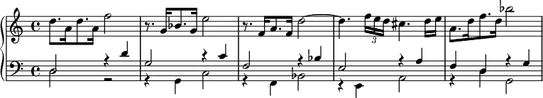 \version "2.18.2"
\new PianoStaff <<
\new Staff {
d''8.[ a'16 d''8. a'16] f''2
r8. g'16[ b'8. g'16] e''2
r8. f'16[ a'8. f'16] d''2 ~
d''4. \times 2/3 {f''16 e'' d''}
cis''4. d''16 e''
a'8.[ d''16 f''8. d''16] b''2
}
\new Staff {
\clef bass
<< {d2 r4 d' g2 r4 c' f2 r4 b e2 r4 a f d r g}
\\ {d2 r r4 g, c2 r4 f, b,2 r4 e, a,2 r4 d g,2} >>
}
>> 