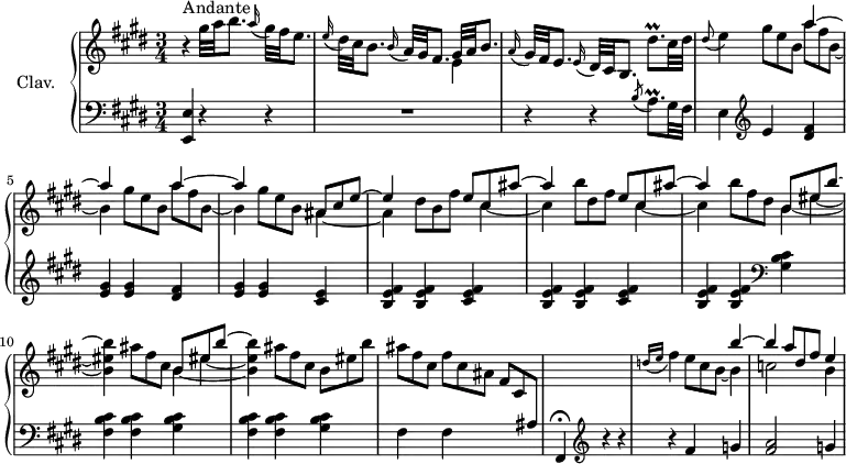 
\version "2.18.2"
\header {
  tagline = ##f
  % composer = "Domenico Scarlatti"
  % opus = "K. 215"
  % meter = "Andante"
}
%% les petites notes
trillDisqpUp       = { \tag #'print { dis'8.\prall } \tag #'midi { e32 dis e dis e dis e dis } }
trillAqpAppoUp     = { \tag #'print { \acciaccatura b''8 a8.\prall } \tag #'midi { b32 a b a b a b a } }
appoE              = { \tag #'print { \appoggiatura dis8 e4 } \tag #'midi { dis8   \tempo 4 = 40 e8   \tempo 4 = 78 } }
upper = \relative c'' {
  \clef treble 
  \key e \major
  \time 3/4
  \tempo 4 = 78
  \set Staff.midiInstrument = #"harpsichord"
  \override TupletBracket.bracket-visibility = ##f
      s8*0^\markup{Andante}
      r4 gis'32 a b8. \appoggiatura a16 gis32 fis e8. | \appoggiatura e16 dis32 cis b8. \appoggiatura b16 a32 gis fis8. << { gis32 a b8. } \\ { e,4 } >> | \appoggiatura a16 gis32 fis e8. \appoggiatura e16 dis32 cis b8.  \trillDisqpUp cis32 dis |
      % ms. 4
      \appoE \repeat unfold 2 { \omit TupletNumber  \times 2/3 { gis8 e b } << { a'4~ | a } \\ { \omit TupletNumber \times 2/3 { a8 fis b,~ } | b4 } >> }   \omit TupletNumber \times 2/3 { gis'8 e b } << { \omit TupletNumber \times 2/3 { ais8 cis e~ } | e4 } \\ { ais,4~ | ais } >> \times 2/3 { dis8 b fis' } 
      % ms. 7 fin à 9
      << { \omit TupletNumber \times 2/3 { e8 cis ais'~  } | ais4 s4 \times 2/3 { e8 cis ais'~  } | ais4 s4 } 
      \\ { \omit TupletNumber \times 2/3 { s8 cis,4~ } | cis \times 2/3 { b'8 dis, fis } \times 2/3 { s8 cis4~ } | cis \times 2/3 { b'8 fis dis } 
      } >>
      % ms. 9 fin — \set tieWaitForNote = ##t 
      \repeat unfold 2 { << { \set tieWaitForNote = ##t b8*2/3_~ eis_~ b'~ \stemDown < b, eis b' >4 } 
      \\ { b4*2/6 eis s s4 } >>  \times 2/3 { ais8 fis cis }  } %repet Merci à Pierre pour l'astuce.
      % ms. 10 suite
      \omit TupletNumber 
      \times 2/3 { b eis b' }  |
      % ms. 12
      \omit TupletNumber  \times 2/3 { ais8 fis cis } \times 2/3 { fis8 cis ais } \times 2/3 { fis8 cis \change Staff = "lower" ais } s2. \change Staff = "upper" 
      % ms. 14
      \grace { \tempo 4 = 60 d'16( e }   \tempo 4 = 78 fis4) << { s4 b4~ | b \omit TupletNumber  \times 2/3 { a8 dis, fis } e4 } \\ { \omit TupletNumber  \times 2/3 { e8 cis b~ } b4 | c2 b4 } >>
}
lower = \relative c' {
  \clef bass
  \key e \major
  \time 3/4
  \set Staff.midiInstrument = #"harpsichord"
  \override TupletBracket.bracket-visibility = ##f
    % ************************************** \appoggiatura \repeat unfold 2 {  } \times 2/3 { }
      < e,, e' >4 r4 r4 | R2. | r4 r4 \trillAqpAppoUp gis32 fis |
      % ms. 4
      e4  \clef treble  e' < dis fis >4 | < e gis > q < dis fis > | < e gis > q < cis e > | \repeat unfold 2 { < b e fis > q < cis e fis > }
      % ms. 9
      < b e fis > q   \clef bass < gis b cis >4 \repeat unfold 2 { < fis b cis >4 q < gis b cis > }
      % ms. 12
      fis4 fis s4 | fis,4\fermata  \clef treble r4 r4 | r4 fis''4 g | < fis a >2 g4 
      % ms. 16
}
thePianoStaff = \new PianoStaff <<
    \set PianoStaff.instrumentName = #"Clav."
    \new Staff = "upper" \upper
    \new Staff = "lower" \lower
  >>
\score {
  \keepWithTag #'print \thePianoStaff
  \layout {
      #(layout-set-staff-size 17)
    \context {
      \Score
     \override SpacingSpanner.common-shortest-duration = #(ly:make-moment 1/2)
      \remove "Metronome_mark_engraver"
    }
  }
}
\score {
  \keepWithTag #'midi \thePianoStaff
  \midi { }
}
