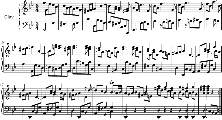 
\version "2.18.2"
\header {
  tagline = ##f
}
%% les petites notes
trillBes      = { \tag #'print { bes'8.\trill } \tag #'midi { c32 bes c bes~ bes16 } }
upper = \relative c'' {
  \clef treble 
  \key g \minor
  \time 3/4
  \tempo 4 = 80
  \set Staff.midiInstrument = #"harpsichord"
  \repeat volta 2 {
      g'4 g,8 f' ees c | d bes c a bes g | fis g a4 d~ | d8 < a c > < g bes >4. < fis a >8 |
      % ms. 5
      bes8 g ees'4. f,8 | d' bes f'4. g,8 | ees' c g'4. a,8 | f' d a'4. d,8 | cis d e4 a,4~ |
      % ms. 10
      a8 < e' g >8 < d f >4. < cis e >8 | < d f >4. q8 < c ees >4 | << { d4 } \\ { b8 g aes[ f] d' g, } >> | < c ees >4. < c ees >8 << { d4 | c bes a } \\ { bes8 g | a[ d,] g d g[ e] } >> % la mesure 12 est plus conforme à Venise
      % ms. 15
      fis8 g a4 \repeat unfold 2 { d,~ | d8 < a' c > << { bes4 ees | d s4 } \\ { g,4. a16 g fis8 g a4 } >> } << { r8 d8~ | d c bes4 } \\ { d, } >>
      % ms. 20 temps 3
      \trillBes a32 bes | a8 g16 a bes8 fis << { bes4 | a' g fis | g fis g } \\ { g,8 e | fis'[ d] ees c d[ a] | bes g c[ a] bes g } >> | < a d fis a >4 q r4
}%reprise
}
lower = \relative c' {
  \clef bass
  \key g \minor
  \time 3/4
  \set Staff.midiInstrument = #"harpsichord"
  \repeat volta 2 {
    % **************************************
       g,2 g'4 | fis4. fis8 g4 | d' d,8 c' bes g | a fis g c, d d, |
       % ms. 5
       g4. g'8 a f | bes4 r8 a8 b g | c4 r8 b8 cis a | d4. c8 bes4 | a a,8 g' f d |
       % ms. 10
       e8 cis d g a a, | d d' b g c c, | g'4 f b, | c8 c' a f bes4 | fis g cis, |
       % ms. 15
       d4 d,8 c' bes g | a fis' g, g' c,4 | d d,8 c' bes g' | a, fis' g, g' c,4 | d d,8 c' bes g' |
       % ms. 20
       a,8 fis' << { g4 g } \\ { g,4 cis } >> \repeat unfold 2 { < d, d' >4 r4 r4 } | < d d' >4 q q | < d d' >4. c'8 bes a 
}%reprise
}
thePianoStaff = \new PianoStaff <<
    \set PianoStaff.instrumentName = #"Clav."
    \new Staff = "upper" \upper
    \new Staff = "lower" \lower
  >>
\score {
  \keepWithTag #'print \thePianoStaff
  \layout {
      #(layout-set-staff-size 17)
    \context {
      \Score
     \override SpacingSpanner.common-shortest-duration = #(ly:make-moment 1/2)
      \remove "Metronome_mark_engraver"
    }
  }
}
\score {
  \unfoldRepeats
  \keepWithTag #'midi \thePianoStaff
  \midi { }
}
