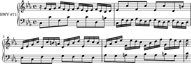 
\version "2.18.2"
\header {
  tagline = ##f
}
upper = \relative c'' {
  \clef treble 
  \key c \minor
  \time 4/4
  \tempo 4 = 84
  \set Staff.midiInstrument = #"harpsichord" 
   %% PRÉLUDE CBT II-2, BWV 871, ut mineur
   r16 g f g aes f ees f g ees d ees f d c d | ees8 c' f, c' ees, c' d, b' | 
   c,16 ees g c d, c' b a d, g b d ees, d' c b | ees, aes c ees f, ees' d c f, bes d f g, f' ees d ees
}
lower = \relative c {
  \clef bass 
  \key c \minor
  \time 4/4
  \set Staff.midiInstrument = #"harpsichord" 
   c8 c' f, c' ees, c' d, b'! | c,16 g' f g aes f ees f g ees d ees f d c d ees8 c f d g f g ees aes g a f bes a b g | c16
} 
\score {
  \new PianoStaff <<
    \set PianoStaff.instrumentName = #"BWV 871"
    \new Staff = "upper" \upper
    \new Staff = "lower" \lower
  >>
  \layout {
    \context {
      \Score
      \remove "Metronome_mark_engraver"
    }
  }
  \midi { }
}
