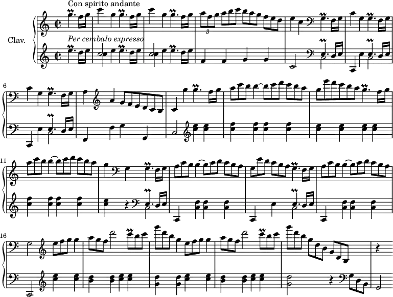 
\version "2.18.2"
\header {
  tagline = ##f
  % composer = "Domenico Scarlatti"
  % opus = "K. 356"
  % meter = "Con spirito andante"
}
%% les petites notes
trillGqpUp     = { \tag #'print { g'4.\prall } \tag #'midi { a16 g32 a g a g16~ g8 } }
trillGqpDown   = { \tag #'print { g,4.\prall } \tag #'midi { a16 g32 a g a g16~ g8 } }
trillGqp       = { \tag #'print { g4.\prall } \tag #'midi { a16 g32 a g a g16~ g8 } }
trillEqpUp     = { \tag #'print { e'4.\prall } \tag #'midi { f16 e32 f e f e16~ e8 } }
trillEqp       = { \tag #'print { e4.^\prall } \tag #'midi { f16 e32 f e f e16~ e8 } }
trillEqpDown   = { \tag #'print { e,4.\prall } \tag #'midi { f16 e32 f e f e16~ e8 } }
trillEqpDDown  = { \tag #'print { e,,4.\prall } \tag #'midi { f16 e32 f e f e16~ e8 } }
trillCq        = { \tag #'print { c8\prall } \tag #'midi { c32 d c~ c } }
upper = \relative c'' {
  \clef treble 
  \key c \major
  \time 2/2
  \tempo 2 = 59
  \set Staff.midiInstrument = #"harpsichord"
  \override TupletBracket.bracket-visibility = ##f
      s8*0^\markup{Con spirito andante}
      \partial 2 
      \repeat unfold 2 { \trillGqpUp f16 g | c4 g } \trillGqp f16 g | \times 2/3 { a8 f g }   \omit TupletNumber \times 2/3 { a8[ b c] } \times 2/3 { b8 a g } \times 2/3 { f8[ e d] }
      % ms. 4
      e4 c   \clef bass \repeat unfold 2 { \trillGqpDown f16 g | c4 g } \trillGqp f16 g | a4   \clef treble a' \times 2/3 { g8 f e } \times 2/3 { d8 c b } 
      % ms. 8
      c4 g'' \trillGqp f16 g | \times 2/3 { a8 c b } b4~ \times 2/3 { b8 c d } \times 2/3 { c8[ b a] } | \times 2/3 { g8 e' d] } \times 2/3 { c8 b a } \trillGqp f16 g | \times 2/3 { a8 c b } b4~ \times 2/3 { b8 c d } \times 2/3 { c8[ b a] } | 
      % ms. 12
      g4  \clef bass  g,, \trillGqp f16 g | \times 2/3 { a8 c b } b4~ \times 2/3 { b8 c d } \times 2/3 { c8[ b a] } | \times 2/3 { g8 e' d } \times 2/3 { c8[ b a] } \trillGqp f16 g | \times 2/3 { a8 c b } b4~ \times 2/3 { b8 c d } \times 2/3 { c8[ b a] } | 
      % ms. 16
      g2  \clef treble \times 2/3 { e''8 f g } g4 |  \times 2/3 { a8 g f } d'2  \times 2/3 { \trillCq b8 c }  \times 2/3 { g'8 d b }
 g4 \clef treble \times 2/3 { e8 f g } g4 |  \times 2/3 { a8 g f } d'2  \times 2/3 { \trillCq b8 c } 
      % ms. 20
      \times 2/3 { g'8 d b } \times 2/3 { g8[ d b] }  \times 2/3 { g8 d b } s4 | r4 s4
}
lower = \relative c' {
  \clef bass
  \key c \major
  \time 2/2
  \set Staff.midiInstrument = #"harpsichord"
  \override TupletBracket.bracket-visibility = ##f
      s8*0^\markup{\italic "Per cembalo expresso"}
    % ************************************** \appoggiatura a16  \repeat unfold 2 {  } \times 2/3 { }   \omit TupletNumber 
        \clef treble  \trillEqpUp d16 e | \repeat unfold 2 { << { c2 } \\ { c4 e \trillEqp d16 e } >> } | f,4 f g g 
      % ms. 4
      c,2   \clef bass \repeat unfold 2 { << { \trillEqpDown d16 e } \\ { c2 } >> | c,4 e' } << { \trillEqp d16 e } \\ { c2 } >> f,4 f' g g, |
      % ms. 8
      c2    \clef treble   < c'' e >4 q | < c f > q q q | < c e > q q q | < c f > q q q |
      % ms. 12
      < c e >4 r4 \clef bass  << { \trillEqpDDown d16 e } \\ { c2 } >> c,4 < c' f > q q | c, e' << { \trillEqp d16 e } \\ { c2 } >> | c,4 < c' f > q q |
      % ms. 16
      c,2  \clef treble   < c''' e >4 q | < b d > q < c e > q | < g d' > q < c e > q | < b d > q < c e > q |
      % ms. 20
      < g d' >2 r4  \clef bass \omit TupletNumber  \times 2/3 { g,8 d b } | g2
}
thePianoStaff = \new PianoStaff <<
    \set PianoStaff.instrumentName = #"Clav."
    \new Staff = "upper" \upper
    \new Staff = "lower" \lower
  >>
\score {
  \keepWithTag #'print \thePianoStaff
  \layout {
      #(layout-set-staff-size 17)
    \context {
      \Score
     \override SpacingSpanner.common-shortest-duration = #(ly:make-moment 1/2)
      \remove "Metronome_mark_engraver"
    }
  }
}
\score {
  \keepWithTag #'midi \thePianoStaff
  \midi { }
}
