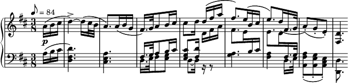 
\version "2.18.2"
\header {
  tagline = ##f
}
upper = \relative c'' {
  \clef treble 
  \key d \major
  \time 3/8
  \tempo 8 = 84
   %%Schubert — Fantaisie D.894 mvt 2, Andante
   \partial 8. a16(\p b cis d4~)-> d16[( cis32 b] a8.) a16( b g fis16.) g32 a8 b16 cis cis8[ d16]
   \stemUp d16^( fis a fis8.) e16^( b cis e8.)  d16( fis,16. g32 a8)(-. g-. e-.) 
   \crossStaff { < d fis, >8. }
}
lower = \relative c {
  \clef bass
  \key d \major
  \time 3/8
   a'16( b cis < d fis, d >4.) < a e cis > 
   << { fis16. g32 a8 b16 cis < cis g e >8[ < d fis, >16] \stemDown \change Staff = "upper" d16( fis a } \\ { d,,16. e32 fis8 < g e >8 d~ d16 r16 r8 } >>
   << { \stemDown \change Staff = "upper" fis'8.) e16 \stemUp \change Staff = "lower" b cis \stemDown \change Staff = "upper"  e8. d16  \stemUp \change Staff = "lower"  fis,16. g32 } \\ { < g a >4. < a fis >4 d,16. e32 < a fis a, >8-.( < g e a, >-. < e cis a >-.) < d d, >8. } >>
}
  \header {
    piece = ""
  }
\score {
  \new PianoStaff <<
    \new Staff = "upper" \upper
    \new Staff = "lower" \lower
  >>
  \layout {
    \context {
    \PianoStaff
    %\consists #Span_stem_engraver
    }
  }
  \midi { }
}
