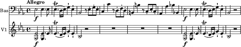 
<<
  \new Staff \with { instrumentName = #"Bas"}  \relative c {
         \clef "bass" 
         \tempo "Allegro"
         \key ees \major
         \time 4/4 
          \tempo 4 = 130
     ees2 \f ees4. ees8 ees4.  \trill (d16 ees) g4-! ees-!
     bes2 r8 ees8-. g-. ees-.
     c4 c' r8 d,8-. f-. d-.
     b4 b' r8 c,-. ees-. c-.
     aes4 aes' bes! bes,!
     ees2 \f ees4. ees8 ees4.  \trill (d16 ees) g4-! ees-!
     bes2 r2
}
 \new Staff \with { instrumentName = #"V1 "} \relative c' {      
         \clef  "treble"  
         \key ees \major
         \time 4/4   
         <g ees'>2  \f <g ees'>4. ees'8
         ees4. \trill (d16 ees) g4-! ees-! bes2 r
         R1*3
         <g ees'>2  \f <g ees'>4. ees'8
         ees4. \trill (d16 ees) g4-! ees-! bes2 r
}
>>
