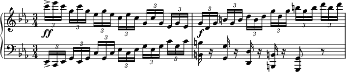 
\version "2.18.2"
\header {
  tagline = ##f
}
upper = \relative c'' {
  \clef treble 
  \key c \minor
  \time 3/4
  \tempo 4 = 78
  \override TupletBracket #'bracket-visibility = ##f 
  %\autoBeamOff
   %%Beethoven Variation en ut mineur n° 29
    \times 2/3 { c'16->\ff ees c } \times 2/3 { g[ c g] } \times 2/3 { ees[ g ees] } \times 2/3 { c[ ees c] } \times 2/3 { g[ c g] } \times 2/3 { ees[ g ees] } 
    \times 2/3 { g16\f d g } \times 2/3 { b![ g b] } \times 2/3 { d[ b d] } \times 2/3 { g[ d g] } \times 2/3 { b![ g b] } \times 2/3 { d[ b d] } 
}
lower = \relative c {
  \clef bass
  \key c \minor
  \time 3/4
    \times 2/3 { ees,16-> c ees } \times 2/3 { g[ ees g] } \times 2/3 { c[ g c] } \times 2/3 { ees[ c ees] } \times 2/3 { g[ ees g] } \times 2/3 { c[ g c] } 
   < b! b, >16 r16 < g g, > r16 < d d, > r16 < b! b, > r16 < g g, >8 r8
}
\score {
  \new PianoStaff <<
    \new Staff = "upper" \upper
    \new Staff = "lower" \lower
  >>
  \layout {
    \context {
      \Score
      \remove "Metronome_mark_engraver"
    }
  }
  \midi { }
}
