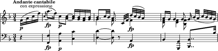 
<<
  \new Staff  \relative c' {
       \version "2.18.2"
         \clef "treble"
         \tempo "Andante cantabile"
         \key f \major
         \time 3/4
          \tempo 4 = 40
      \partial 4 f16 \p ^ \markup{con expressione} (a c f)
      \grace c16 (a'8.) \fp (f16) c8 \p <a c> ~ <a c>16 <g bes> <f a> <g bes>
      << { \stemDown g4} \\ {\stemUp bes8. c32 bes} >>  << {\stemDown f8.} \\ {\stemUp a8.} >>
      << {c,32 [f32 ] ~ \stemDown f4  \fp} \\ {s16 \stemUp d'32 ^([c bes a])} >>
      << { \stemDown <d, f>8 <d f>4 <bes f'>8 s16} \\ {\stemUp a'16 [g] g4 g8 ~ g16}  >> bes32 (a c [bes a g])
  }
 \new Staff \relative c {
         \clef "bass"
         \key f \major
         \time 3/4
         \partial 4 r4
         <f, f'> \fp <a a'> \p <c c'>
         <d d'> ~ <d d'>8 r8 a4 \fp
         bes <g, g'> <bes bes'>8.. bes''32
}
>>
