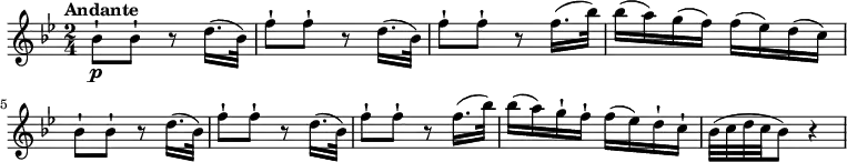 
\relative c'' {
  \version "2.18.2"
  \tempo "Andante"
  \key bes \major
  \time 2/4
  \tempo 4 = 60
  bes8-!\p bes8-! r8 d16. (bes32)
  f'8-!  f-! r8 d16. (bes32)
  f'8-!  f-! r8 f16. (bes32)
  bes16 (a) g (f) f (ees) d (c)
  bes8-! bes8-! r8 d16. (bes32)
  f'8-!  f-! r8 d16. (bes32)
  f'8-!  f-! r8 f16. (bes32)
  bes16 (a) g-! f-! f (ees) d-! c-!
  bes32 (c d c bes8) r4
}
