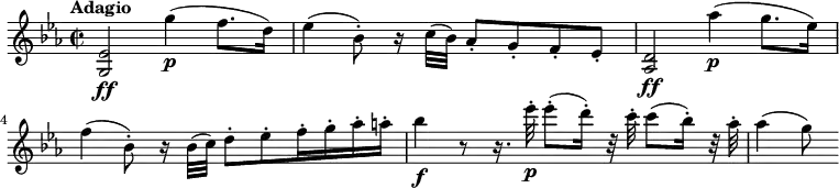 
\version "2.18.2"
\relative c'' {
  \key ees \major
  \time 2/2
  \tempo "Adagio"
  \tempo 4 = 50
  <g, ees'>2\ff g''4\p (f8. d16)
  ees 4 (bes8-.) r16 c32 (bes) aes8-. g-. f-. ees-.
  <aes, d>2\ff aes''4\p (g8. ees16)
  f 4 (bes,8-.) r16  bes32 (c) d8-. ees-. f16-. g-. aes-. a-.
  bes4\f r8 r16. ees32-.\p ees8-. (d16-.) r32 c32-. c8 (bes16-.) r32 aes32-.
  aes4 (g8)
}
