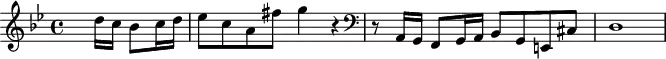 
\version "2.18.2"
\header {
  tagline = ##f
}
\score {
  \new Staff \with {
  }
<<
  \relative c'' {
    \key g \minor
    \time 4/4
    %\set Score.barNumberVisibility = #all-bar-numbers-visible
    \set Score.currentBarNumber = #5
    %\bar ""
     %%% Bach - contre sujet ^\markup{5}
     \partial 2 s8
     d16 c bes8 c16 d ees8 c a fis' g4 r4
     { \clef bass 
     r8 a,,,16 g f8 g16 a bes8 g e! cis' d1 }
  }
>>
  \layout {
     \context { \Score \remove "Metronome_mark_engraver" }
  }
  \midi {}
}
