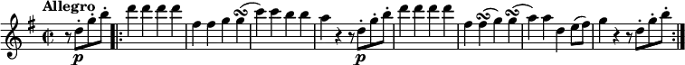 
\relative c'' {
    \version "2.18.2"
    \key g \major
    \tempo "Allegro"
    \time 2/2
    \tempo 4 = 190
   \partial 2 r8 d-.\p g-. b-. \bar ".|:"
   d4 d d d
   fis, fis g g \turn
   (c) c b b
   a r  r8 d,-.\p g-. b-.
   d4 d d d
   fis, fis \turn (g) g \turn
   (a) a d, e8 (fis)
   g4 r4 r8 d-. g-. b-.  \bar ":|."
}
