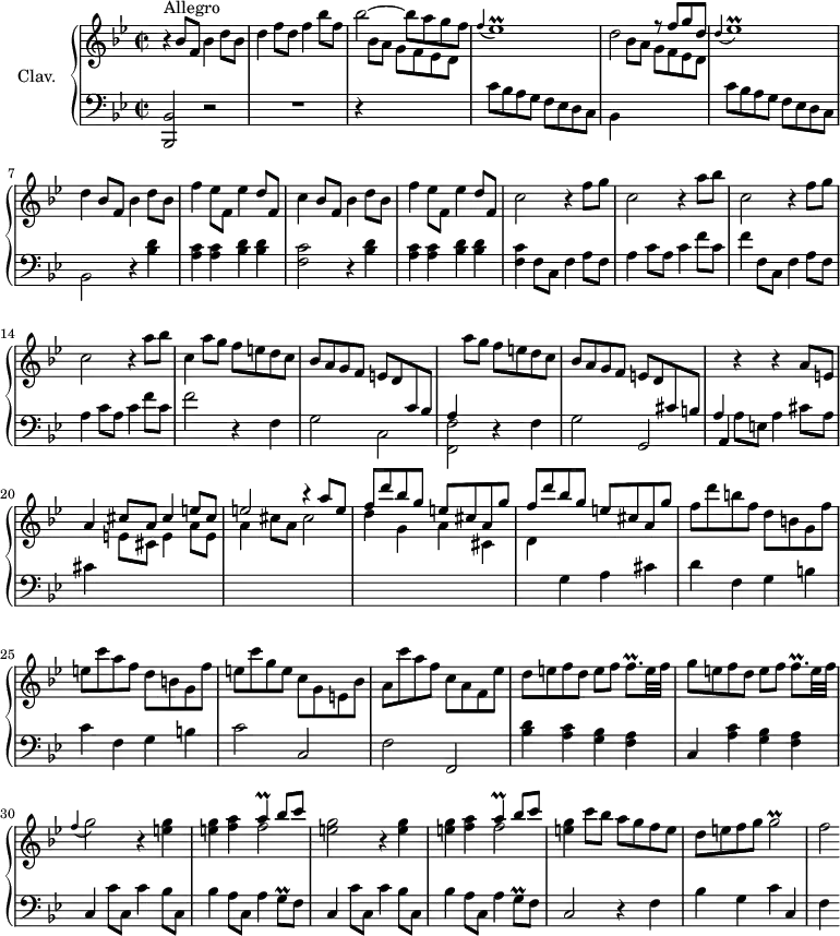 
\version "2.18.2"
\header {
  tagline = ##f
  % composer = "Domenico Scarlatti"
  % opus = "K. 272"
  % meter = "Allegro"
}
%% les petites notes
trillA         = { \tag #'print { a4\prall } \tag #'midi { bes16 a bes a } }
trillFqp       = { \tag #'print { f8.\prall } \tag #'midi { \times 2/3 { f16 g f~ } f16 } }
appoFEesp      = { \tag #'print { \appoggiatura f4 ees1\prall } \tag #'midi { f4 ees8~ f16 ees f ees f ees~ ees4  } }
appoDEesp      = { \tag #'print { \appoggiatura d4 ees1\prall } \tag #'midi { d4 ees8~ f16 ees f ees f ees~ ees4  } }
appoFGb        = { \tag #'print { \appoggiatura f4 g2 } \tag #'midi { d4 g4 } }
trillGq        = { \tag #'print { g8\prall } \tag #'midi { \times 2/3 { g16 a g } } }
trillGb        = { \tag #'print { g2\prall } \tag #'midi { a16 g a g~ g4  } }
upper = \relative c'' {
  \clef treble 
  \key bes \major
  \time 2/2
  \tempo 2 = 94
  \set Staff.midiInstrument = #"harpsichord"
  \override TupletBracket.bracket-visibility = ##f
      s8*0^\markup{Allegro}
      r4 bes8 f bes4 d8 bes | d4 f8 d f4 bes8 f | bes2~ bes8 a g f | \appoFEesp |
      % ms. 5
      d2 f8\rest  \stemUp  f8 g d \stemNeutral | \appoDEesp | d4 bes8 f bes4 d8 bes | f'4 ees8 f, ees'4 d8 f, |
      % ms. 9
      c'4 bes8 f bes4 d8 bes | f'4 ees8 f, ees'4 d8 f, | \repeat unfold 2 { c'2 r4 f8 g | c,2 r4 a'8 bes } |
      % ms. 15
      c,4 a'8 g f e d c | bes a g f e d \stemUp \change Staff = "lower" c bes |
      % ms. 17
      a4 \stemNeutral   \change Staff = "upper" a''8 g f e d c | bes a g f e d \stemUp  \change Staff = "lower" cis b | a4 \stemNeutral   \change Staff = "upper" r4 r4 a'8 e | a4 \stemUp cis8 a cis4 e8 cis |
      % ms. 21
      e2 r4 a8 e | \repeat unfold 2 { f d' bes g e cis a g' } \stemDown | f d' b f d b g f' |
      % ms. 25
      e8 c' a f d b g f' | e c' g e c g e bes' | a c' a f c a f ees' | d e f d e f \trillFqp e32 f |
      % ms. 29
      g8 e f d e f \trillFqp e32 f | \appoFGb r4 < e g >4 | q < f a > << { \trillA bes8 c } \\ { f,2 } >>
      % ms. 33
      < e g >2 r4 < e g >4 | q < f a > << { \trillA bes8 c } \\ { f,2 } >> | < e g >4 c'8 bes a g f e | d e f g \trillGb | f2*1/2
}
lower = \relative c' {
  \clef bass
  \key bes \major
  \time 2/2
  \set Staff.midiInstrument = #"harpsichord"
  \override TupletBracket.bracket-visibility = ##f
    % **************************************
      < bes, bes, >2 r2 | R1 | r4 \stemDown \change Staff = "upper" bes''8 a g f ees d | \stemNeutral \change Staff = "lower" c bes a g f ees d c |
      % ms. 5
      bes4 \stemDown \change Staff = "upper" bes''8 a g f ees d | \stemNeutral \change Staff = "lower" c bes a g f ees d c | bes2 r4 | < bes' d >4 | < a c > q < bes d > q | 
      % ms. 9
      < f c' >2 r4 < bes d >4 | < a c > q < bes d > q |  < f c' > f8 c f4 a8 f | a4 c8 a c4 f8 c |
      % ms. 13
      f4 f,8 c f4 a8 f | a4 c8 a c4 f8 c | f2 r4 f,4 | g2 c, | \stemDown
      % ms. 17
      < f, f' >2 r4 \stemNeutral f'4 | g2 g, | \shiftOn a4 a'8 e a4 cis8 a | cis4 \stemDown \change Staff = "upper" e8 cis e4 a8 e |
      % ms. 21
      a4 cis8 a cis2 | d4 g, a cis, | d \stemNeutral \change Staff = "lower" g,4 a cis | d f, g b |
      % ms. 25
      c4 f, g b | c2 c, | f f, | < bes' d >4 \repeat unfold 2 { < a c > < g bes > < f a >
      % ms. 31
      c4 } c'8 c, c'4 bes8 c, | bes'4 a8 c, a'4 \trillGq f8 |
      % ms. 33
      c4 c'8 c, c'4 bes8 c, | bes'4 a8 c, a'4 \trillGq f8 | c2 r4 f4 | bes g c c, | f4
}
thePianoStaff = \new PianoStaff <<
    \set PianoStaff.instrumentName = #"Clav."
    \new Staff = "upper" \upper
    \new Staff = "lower" \lower
  >>
\score {
  \keepWithTag #'print \thePianoStaff
  \layout {
      #(layout-set-staff-size 17)
    \context {
      \Score
     \override SpacingSpanner.common-shortest-duration = #(ly:make-moment 1/2)
      \remove "Metronome_mark_engraver"
    }
  }
}
\score {
  \keepWithTag #'midi \thePianoStaff
  \midi { }
}
