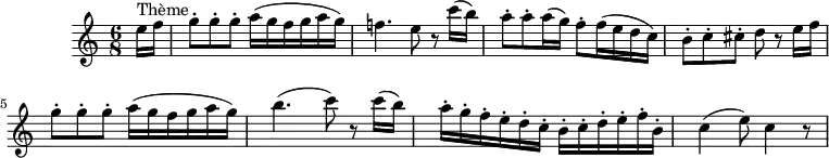 
\version "2.18.2"
\header {
  tagline = ##f
  % composer = ""
  % opus = ""
  % meter = "Rondo allegro"
}
\score {
<<
  \relative c'' {
    \key a \minor
    \time 6/8
    \tempo 4. = 80
    \override TupletBracket #'bracket-visibility = ##f 
     %%%%%% K622
     \partial 8 e16^\markup "Thème" f g8-. g-. g-. a16( g f g a g) f!4. e8 r8 c'16( b) a8-. a-. a16( g) f8-. f16( e d c)
     b8-. c-. cis-. d r8
     e16 f g8-. g-. g-. a16( g f g a g) b4.( c8) r8 c16( b) a-. g-. f-. e-. d-. c-. b-. c-. d-. e-. f-. b,-. c4( e8) c4 r8
  }
>>
  \layout {
     #(layout-set-staff-size 17)
     \context { \Score \remove "Metronome_mark_engraver" 
     \override SpacingSpanner.common-shortest-duration = #(ly:make-moment 1/2)
     }
  }
  \midi { \set Staff.midiInstrument = #"clarinet" }
}
