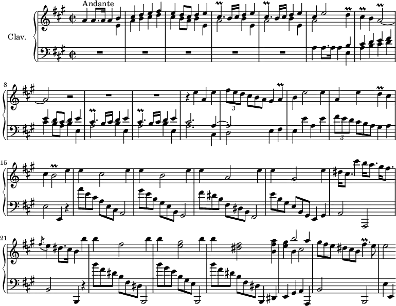 
\version "2.18.2"
\header {
  tagline = ##f
  % composer = "Domenico Scarlatti"
  % opus = "K. 499"
  % meter = "Andante"
}
%% les petites notes
trillCisp      = { \tag #'print { cis4.\prall } \tag #'midi { d32 cis d cis~ cis4 } }
trillD         = { \tag #'print { d4\prall } \tag #'midi { e32 d e d~ d8 } }
trillCis       = { \tag #'print { cis4\prall } \tag #'midi { d32 cis d cis~ cis8 } }
trillAb        = { \tag #'print { a2\prall~ } \tag #'midi { b32 a b a~ a8~ a4~ } }
trillA         = { \tag #'print { a4\prall } \tag #'midi { b32 a b a~ a8~ } }
trillFispUp    = { \tag #'print { fis'4.\prall } \tag #'midi { gis32 fis gis fis~ fis4 } }
trillBb        = { \tag #'print { b2\prall } \tag #'midi { cis32 b cis b~ b8~ b4 } }
upper = \relative c'' {
  \clef treble 
  \key a \major
  \time 2/2
  \tempo 2 = 69
  \set Staff.midiInstrument = #"harpsichord"
  \override TupletBracket.bracket-visibility = ##f
      s8*0^\markup{Andante}
      a4 a8. a16 a4 << { b4 | cis d e fis | e d8 cis d4 e | \repeat unfold 2 { \trillCisp b16 cis d4 e } } \\ { e,4 | a b cis d | cis b8 a b4 | e, | \repeat unfold 2 { a2 b4 e, }  } >>
      % ms. 6
      << { cis'4 e2 } \\ { a,2 } >> \trillD | \trillCis b4 \trillAb a2 r2 | R1*2 |
      % ms. 11
      r4 e'4 a, e' | \times 2/3 { fis8 e d } \omit TupletNumber \times 2/3 { cis8[ b a] } gis4 \trillA | b4 e2 e4 | a, e' \trillD cis4 |
      % ms. 15
      cis4 \trillBb e4 | e cis2 e4 | e b2 e4 | e a,2 e'4 | 
      % ms. 19
      e gis,2 e'4 | dis16 cis8. cis'4 b16 a8. gis16[ fis8.] | \acciaccatura fis8 e4 dis8. cis16 b4 b' | b fis2 b4 |
      % ms. 23
      b4 < e, gis >2 b'4 | b < dis, fis >2 < b fis' a >4 | < e gis > << { b'2 a4 } \\ { b,4 cis2 } >> | \times 2/3 { gis'8 fis e } \times 2/3 { dis8[ cis b] } \trillFispUp e8 |
      % ms. 27
      e2 
}
lower = \relative c' {
  \clef bass
  \key a \major
  \time 2/2
  \set Staff.midiInstrument = #"harpsichord"
  \override TupletBracket.bracket-visibility = ##f
    % ************************************** \appoggiatura a16  \repeat unfold 2 {  } \times 2/3 { }   \omit TupletNumber 
      R1*5 |
      % ms. 6
      a4 a8. a16 a4 << { b4 | cis d e fis | e d8 cis d4 e | \repeat unfold 2 { \trillCisp b16 cis d4 e } } \\ { e,4 | a b cis d | cis b8 a b4 | e, | \repeat unfold 2 { a2 b4 e, }  } >>
      % ms. 11
      << { cis'2. a4~ | a2 } \\ { a2. cis,4 | d2 } >> e4 fis | e e' a, e' | \times 2/3 { fis8 e d } \omit TupletNumber \times 2/3 { cis8[ b a] } gis4 a |
      % ms. 15
      e2 e,4 r4 | \times 2/3 { a''8 e cis } \times 2/3 { a8[ e cis] } a2 | \times 2/3 { gis''8 e b } \times 2/3 { gis8[ e b] } gis2 | \times 2/3 { fis''8 dis b } \times 2/3 { fis8[ dis b] } fis2
      % ms. 19
      \times 2/3 { e''8 b gis } \times 2/3 { e8[ b gis] } e4 gis | a2 a, | b' b,4 r4 | \times 2/3 { b'''8 fis dis } \times 2/3 { b8[ fis dis] } b,2
      % ms. 23
      \times 2/3 { b'''8 gis e } \times 2/3 { b8[ gis e] } b,2 | \times 2/3 { b'''8 fis dis } \times 2/3 { b8[ fis dis] } b,4 dis | e gis a a, | b'2 b, |
      % ms. 27
      e'4 e, 
}
thePianoStaff = \new PianoStaff <<
    \set PianoStaff.instrumentName = #"Clav."
    \new Staff = "upper" \upper
    \new Staff = "lower" \lower
  >>
\score {
  \keepWithTag #'print \thePianoStaff
  \layout {
      #(layout-set-staff-size 17)
    \context {
      \Score
     \override SpacingSpanner.common-shortest-duration = #(ly:make-moment 1/2)
      \remove "Metronome_mark_engraver"
    }
  }
}
\score {
  \keepWithTag #'midi \thePianoStaff
  \midi { }
}
