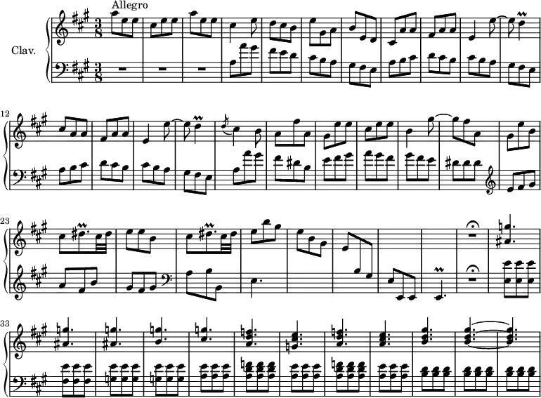 
\version "2.18.2"
\header {
  tagline = ##f
  % composer = "Domenico Scarlatti"
  % opus = "K. 280"
  % meter = "Allegro"
}
%% les petites notes
trillD         = { \tag #'print { d4\prall } \tag #'midi { e32 d e d~ d8 } }
trillDisqp     = { \tag #'print { dis8.\prall } \tag #'midi { e32 dis e dis~ dis16 } }
trillEp        = { \tag #'print { e4.\prall } \tag #'midi { fis32 e fis e~ e4 } }
upper = \relative c'' {
  \clef treble 
  \key a \major
  \time 3/8
  \tempo 4. = 88
  \set Staff.midiInstrument = #"harpsichord"
  \override TupletBracket.bracket-visibility = ##f
      s8*0^\markup{Allegro}
      a'8 e e  | cis e e | a e e | cis4 e8 | d cis b | e gis, a | b e, d |
      % ms. 8
      cis8 a' a | fis a a | e4 e'8~ | e \trillD  | cis8 a a | fis a a | e4 e'8~ |
      % ms. 15
      e8 \trillD | \acciaccatura d8 cis4 b8 | a fis' a, | gis e' e | cis e e | b4 gis'8~ | gis fis a, |
      % ms. 22
      gis8 e' b | cis \trillDisqp cis32 dis | e8 e b | cis \trillDisqp cis32 dis | e8 b' gis | e b gis | e \stemUp \change Staff = "lower"  b gis |
      % ms. 29
       s4. | s4. \change Staff = "upper" | R4.\fermata | < ais' g' >4. q q < b g' >4. < cis g' >
      % ms. 37
      < a d f >4. < g cis e > < a d f > < a cis e > < b d gis > < b d gis >4.~ q
}
lower = \relative c' {
  \clef bass
  \key a \major
  \time 3/8
  \set Staff.midiInstrument = #"harpsichord"
  \override TupletBracket.bracket-visibility = ##f
    % ************************************** \appoggiatura a16  \repeat unfold 2 {  } \times 2/3 { }   \omit TupletNumber 
      R4.*3 | a8 a' gis fis e d | cis b a | gis fis e | 
      % ms. 8
      \repeat unfold 2 { a8 b cis | d cis b | cis b a | gis fis e } | 
      % ms. 16
      a a' gis | fis dis b | e fis gis | a gis fis | gis fis e | dis dis dis |
      % ms. 22
        \clef treble  e8 fis gis | a fis b | gis fis gis |   \clef bass a,8  b b, | e4. s4. s4. |
      % ms. 29
      e8 e, e | \trillEp | R4.\fermata | < e' e' >8 q q | < fis e' > q q | < g e' > q q | q q q | < a e' > q q |
      % ms. 37
      \repeat unfold 2 { < a d f >8 q q | < a e' > q q } | < b d > q q | q q q | q q q |
}
thePianoStaff = \new PianoStaff <<
    \set PianoStaff.instrumentName = #"Clav."
    \new Staff = "upper" \upper
    \new Staff = "lower" \lower
  >>
\score {
  \keepWithTag #'print \thePianoStaff
  \layout {
      #(layout-set-staff-size 17)
    \context {
      \Score
     \override SpacingSpanner.common-shortest-duration = #(ly:make-moment 1/2)
      \remove "Metronome_mark_engraver"
    }
  }
}
\score {
  \keepWithTag #'midi \thePianoStaff
  \midi { }
}
