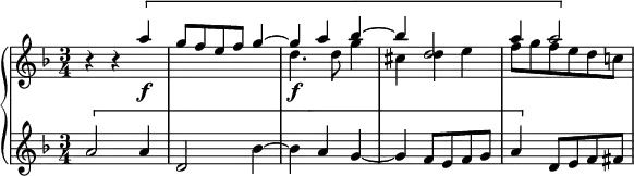 
\version "2.14.2"
\header {
  tagline = ##f
}
upper = \relative c''' {
  \clef treble 
  \key f \major
  \time 3/4
  \tempo 4 = 80
  %\autoBeamOff
  %\set Score.currentBarNumber = #36
    r4 r4  
    << { \[ a4\f g8 f e f g4~ g a bes~ bes d,2 a'4 a2 \] } \\ { s4 s2. d,4.\f d8 g4 cis, d e f8 g f e d c! } >>
}
lower = \relative c'' {
  \clef treble 
  \key f \major
  \time 3/4
   \[ a2 a4 d,2 bes'4~ bes a g~ g f8 e f g a4 \] d,8 e f fis
}
\score {
  \new PianoStaff <<
    % \set PianoStaff.instrumentName = #""
    \new Staff = "upper" \upper
    \new Staff = "lower" \lower
  >>
  \layout {
    \context {
      \Score
      \remove "Metronome_mark_engraver"
    }
  }
  \midi { }
}
