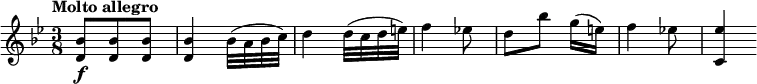 
\relative c'' {
  \version "2.18.2"
  \key bes \major
   \time 3/8
   \tempo "Molto allegro"
  \tempo 4 = 140
  <d, bes'>8 \f <d bes'> <d bes'>
   <d bes'>4 bes'32 (a bes c)
   d4 d32 (c d e)
   f4 ees!8
   d [ bes'] [g16 (e)]
   f4 ees!8
   <c, ees'>4
}
