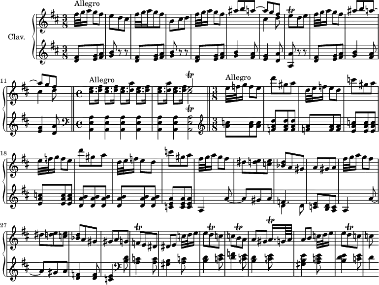 
\version "2.18.2"
\header {
  tagline = ##f
  % composer = "Domenico Scarlatti"
  % opus = "K. 122"
  % meter = "Allegro"
}
%% les petites notes
trillEq      = { \tag #'print { e8\trill } \tag #'midi { fis32 e fis e } }
trillCisEb   = { \tag #'print { << { e2\trill } \\ { cis2\trill } >> } \tag #'midi { << { fis32 e fis e fis e~ e16~ e4 } \\ { d32 cis d cis d cis~ cis16~   \tempo 4. = 35 cis4   \tempo 4. = 70 } >> } }
trillFq      = { \tag #'print { f8\trill } \tag #'midi { g32 f g f } }
trillDq      = { \tag #'print { d8\trill } \tag #'midi { e32 d e d } }
trillBq      = { \tag #'print { b8\trill } \tag #'midi { c32 b c b } }
trillAqqp    = { \tag #'print { a16.\trill } \tag #'midi { \times 2/3 { a32 b a~ } a } }
upper = \relative c'' {
  \clef treble 
  \key d \major
  \time 3/8
  \tempo 4. = 70
  \set Staff.midiInstrument = #"harpsichord"
  \override TupletBracket.bracket-visibility = ##f
      s8*0^\markup{Allegro}
      fis32 g a16 g8[ fis] | e d cis | fis32 g a16 g8 fis | b, cis d | fis32 g a16 g8[ fis] |
      % ms. 6
      << { ais b a~ | a g fis } \\ { s4. | cis4 d8 } >> | \trillEq d8   \tempo 4. = 30 e   \tempo 4. = 70 | fis32 g a16 g8[ fis] | << { ais b a~ | a g fis } \\ { s4. | cis4   \tempo 4. = 30 d8   \tempo 4. = 70 } >>  \bar "||"  \time 4/4 s8*0^\markup{Allegro}
      % ms. 12
      \repeat unfold 2 { < cis e >8. < d fis >16 } \repeat unfold 2 { < cis e >8. < d a' >16  < cis e >8. < d fis >16 } \trillCisEb  |  \bar "||" \time 3/8 s8*0^\markup{Allegro} \repeat unfold 2 { e32 f g16 f8[ e] |
      % ms. 19
      d'8 gis, a | d,32 e f16 e8[ d] | c'8 gis a } | fis32 g a16 g8[ fis] | dis < d e > < c e > | < bes d > a gis | a gis a |
      % ms. 26
      fis'32 g a16 g8[ fis] | dis < d e > < c e > | < bes d > a gis | gis a g | \trillFq e8 dis | dis[ e] c'32 d e16 | e8 \trillDq c8 |
      % ms. 33
      c \trillBq a8 | a[ gis] \trillAqqp g64 a | a8[ b] c32 d e16 | e8 \trillDq c8 | c
      % ms. 40
}
lower = \relative c' {
  \clef bass
  \key d \major
  \time 3/8
  \set Staff.midiInstrument = #"harpsichord"
  \override TupletBracket.bracket-visibility = ##f
    % ************************************** \appoggiatura a16  \repeat unfold 2 {  } \times 2/3 { }   \omit TupletNumber 
        \clef treble \repeat unfold 2 { < d fis >8 < e g > < fis a > | < g b > r8 r8 } | < d fis >8 < e g > < fis a > | < g b >4 < fis a >8 |
      % ms. 7
      < e g >4 < d a' >8 | < a a' >8 r8 r8 | < d fis >8 < e g > < fis a > | < g b >4 < fis a >8 | < e g >4 < d a' >8 |   \clef bass \time 4/4
      % ms. 12
      \repeat unfold 6 { < a, e' a >4 } q2 | \clef treble   \time 3/8 < a'' c >8 q q | < f a d > q q | < f a > q q | < e a c > q q | q q q |
      % ms. 19
      < d a' b >8 q q | q q q | < c e a > q q | a4 a'8~ | a gis a | << { f4. } \\ { d4 d8 } >> | < c e > < b d > < a c >
      % ms. 26
      a4 a'8~ | a gis a | < d, f >4 q8 | < c e >4   \clef bass < b d >8 | < a c >4 q8 | < gis b >4 < a c >8 | < b d >4 < c e >8
      % ms. 33
      < d f >4 < c e >8 | < b d >4 < c e >8 | < gis b e >4 < a c e >8 | < b d e >4 < c e >8 | d4
      % ms. 40
}
thePianoStaff = \new PianoStaff <<
    \set PianoStaff.instrumentName = #"Clav."
    \new Staff = "upper" \upper
    \new Staff = "lower" \lower
  >>
\score {
  \keepWithTag #'print \thePianoStaff
  \layout {
      #(layout-set-staff-size 17)
    \context {
      \Score
     \override SpacingSpanner.common-shortest-duration = #(ly:make-moment 1/2)
      \remove "Metronome_mark_engraver"
    }
  }
}
\score {
  \keepWithTag #'midi \thePianoStaff
  \midi { }
}
