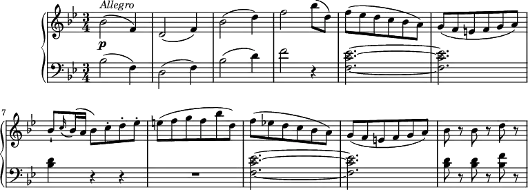 
\version "2.18.2"
\header {
  tagline = ##f
}
upper = \relative c'' {
  \clef treble
  \key bes \major
  \tempo "Allegro"
  \time 3/4
  \tempo 4 = 140
  bes2\p ^\markup{ \italic {Allegro} } ( f4) 
  d2 (f4) bes2 (d4) f2 bes8 (d,)
  f (ees d c bes a)
  g (f e f g a)
  bes-! \grace c16 (bes16) (a bes8) c-. d-. ees-.
  e (f g f bes d,)
  f (ees! d c bes a)
  g (f e f g a)
  bes r bes r d r
}
lower =\relative c' {
  \clef bass
  \key bes \major
  bes2 ( f4) 
  d2 (f4) bes2 (d4)  f2 r4
  <f, c' ees>2. ~  <f c' ees>
  <bes d>4 r r R1*3/4
  <f c' ees>2. ~  <f c' ees>
  <bes d>8 r  <bes d> r  <bes f'> r
}
\score {
  \new PianoStaff <<  
    \new Staff = "upper" \upper
    \new Staff = "lower" \lower
  >>
  \layout {
    \context {
      \Score
      \remove "Metronome_mark_engraver"
    }
  }
 \midi { }
}
