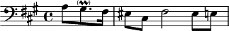 
\version "2.18.2"
\header {
  tagline = ##f
}
\score {
  \new Staff \with {
}
<<
  \relative c' {
    \clef bass 
    \key fis \minor
    \time 4/4
    \set Staff.midiInstrument = #"harpsichord" 
     %% CONTRE-SUJET fugue CBT II-14, BWV 883, fa-dièse mineur
     \partial 4. a8[ gis8.-\parenthesize-\prall fis16] | eis8 cis fis2 eis8 e
  }
>>
  \layout {
     \context { \Score \remove "Metronome_mark_engraver" 
        }
  }
  \midi {} 
}
