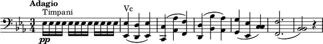 
\version "2.18.2"
\relative c {
    \key ees \major 
    \time 3/4
     \tempo "Adagio"
     \clef "bass"  
    \tempo 4 = 60
    ees16 \pp ^\markup {Timpani} ees ees ees  \repeat unfold 2 {ees16 ees ees ees}
    <ees, ees'>4 ^\markup {Vc} (<d d'> <ees ees'>)
    <c c'> (<aes' aes'> <f f'>)
    <d d'> (<bes' bes'> <aes aes'>)
    <g g'> (<ees ees'> <c' c>)
     <f, f'>2. (<bes bes>2) r4
 }
