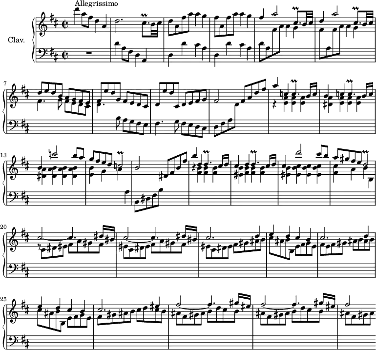 
\version "2.18.2"
\header {
  tagline = ##f
  % composer = "Domenico Scarlatti"
  % opus = "K. 479"
  % meter = "Allegrissimo"
}
%% les petites notes
trillCb          = { \tag #'print { c2\prall } \tag #'midi { \times 2/3 { d16 c d c d c~ } c4 } }
trillDb          = { \tag #'print { d2\prall } \tag #'midi { \times 2/3 { e16 d e } d8~ d4 } }
trilldp          = { \tag #'print { d4.\prall } \tag #'midi { \times 2/3 { e16 d e d e d~ } d8 } }
trillcp          = { \tag #'print { c4.\prall } \tag #'midi { \times 2/3 { d16 c d c d c~ } c8 } }
trillCisqpDown   = { \tag #'print { cis,8.\prall } \tag #'midi { \times 2/3 { d16 e d~ } d16 } }
trillCisqp       = { \tag #'print { cis8.\prall } \tag #'midi { \times 2/3 { cis16 d cis~ } cis16 } }
upper = \relative c'' {
  \clef treble 
  \key d \major
  \time 2/2
  \tempo 2 = 86
  \set Staff.midiInstrument = #"harpsichord"
  \override TupletBracket.bracket-visibility = ##f
      s8*0^\markup{Allegrissimo}
      d'4 a8 fis d4 a | d2. \trillCisqp b32 cis | d8 a fis' a a4 g 
      % ms. 4
      fis8 a, fis' a a4 g | \stemUp fis a2 \trillCisqpDown b32 cis | d4 a'2 \trillCisqpDown b32 cis | d8 e d b a g fis e |
      % ms. 8
      fis8 e' d g, fis e d cis | d e' d cis, d e fis g | fis2 fis8 a d fis | \stemUp a4 c, \trillcp b16 c |
      % ms. 12
      b4 c \trillcp b16 c | b4 c'2 b8 a | g fis e d \trillCb | b2 dis,8 fis b fis' |
      % ms. 16
      b4 d, \trilldp cis16 d | cis4 d \trilldp cis16 d | cis4 d'2 cis8 b | a gis fis e \trillDb |
      % ms. 20
      \repeat unfold 2 { cis2~ cis4. dis16 bis } | cis2. d4 |
      % ms. 23
      e4 d cis b | cis2. d4 | e d cis b | cis2. eis4 | 
      % ms. 27
      \repeat unfold 2 { fis2~ fis4. gis16 eis } | fis2 
}
lower = \relative c' {
  \clef bass
  \key d \major
  \time 2/2
  \set Staff.midiInstrument = #"harpsichord"
  \override TupletBracket.bracket-visibility = ##f
    % ************************************** \appoggiatura a16  \repeat unfold 2 {  } \times 2/3 { }   \omit TupletNumber 
      R1 |  d4 a8 fis d4 a | \repeat unfold 2 { d d' cis a } | 
      % ms. 5
      d8 a \stemDown \change Staff = "upper" fis' a a4 g | fis8  \change Staff = "lower" a, \change Staff = "upper" fis' a a4 g | fis4. g8 fis e d cis |
      % ms. 8
      d4.  \change Staff = "lower" b8 a g fis e | fis4. g8 fis e d cis | d fis a  \change Staff = "upper" d \change Staff = "lower" s2 | \change Staff = "upper"  d4\rest < e a >4  q q |
      % ms. 12
      < dis a' >4 < e a > q q | < dis a' > < dis a' b > q q | < e b' > g a \change Staff = "lower" a, | b,8 dis fis b s2 | \stemDown \change Staff = "upper"
      % ms. 16
      r4 < fis' b > q q | < eis b' > < fis b > q q | < eis b' > < eis b' cis > q q | < fis cis' > a b b, |
      % ms. 20
      r8 \repeat unfold 2 { cis8 dis eis fis a gis fis | eis } cis dis eis fis gis ais b |
      % ms. 23
      cis8 ais b b, e fis g e | fis e fis gis ais b ais b | cis8 ais b b, e fis g e | fis gis ais b cis d cis b |
      % ms. 27
      \repeat unfold 2 { ais fis gis ais b d cis b } | ais8 fis gis ais 
}
thePianoStaff = \new PianoStaff <<
    \set PianoStaff.instrumentName = #"Clav."
    \new Staff = "upper" \upper
    \new Staff = "lower" \lower
  >>
\score {
  \keepWithTag #'print \thePianoStaff
  \layout {
      #(layout-set-staff-size 17)
    \context {
      \Score
     \override SpacingSpanner.common-shortest-duration = #(ly:make-moment 1/2)
      \remove "Metronome_mark_engraver"
    }
  }
}
\score {
  \keepWithTag #'midi \thePianoStaff
  \midi { }
}
