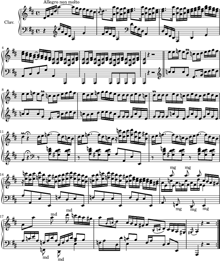 
\version "2.18.2"
\header {
  tagline = ##f
  % composer = "Domenico Scarlatti"
  % opus = "K. 140"
  % meter = "Allegro"
}
%% les petites notes
trillDq     = { \tag #'print { d8\prall } \tag #'midi { e32 d e d } }
trillD      = { \tag #'print { d4\prall } \tag #'midi { e32 d e d~ d8 } }
appoA       = { \tag #'print { \appoggiatura gis16 a4 } \tag #'midi {   \tempo 4 = 70 gis8 a8   \tempo 4 = 92 } }
upper = \relative c'' {
  \clef treble 
  \key d \major
  \time 4/4
  \tempo 4 = 92
  \set Staff.midiInstrument = #"harpsichord"
  \override TupletBracket.bracket-visibility = ##f
\repeat volta 2 {
      s8*0^\markup{Allegro non molto}
      d,16 fis a d  a'4~ a8 g16 fis  fis e d cis | \appoggiatura cis16 d8. \repeat unfold 2 { < a a' >16 < b g' > < a fis' > < b g' > < cis e > < d fis >8. } < a a' >16 < b g' > < a fis' > < b g' > < cis e > < d fis > < e g > < fis a > < d fis > < g b > < fis a > < e g > < d fis >
      % ms. 4
      < cis e > < b d > < a cis > < g b >~ q < fis a > < e g > < d fis >  < a e' >8 q16 < d fis >16 < a e' > < fis d' > < a e' > < d fis >   |   < a e' >8 q16 < d fis >16 \repeat unfold 3 { < a e' >16 < fis d' > < a e' > < d fis > }   |   < a e' >4 r4 r2 | | \repeat unfold 2 { e''8 e16 f e8 \trillDq c8 c16 d e f g f } | e16 d e f g g f e d8 d16 d d e d c |
      % ms. 10
      \trillDq d16 d \repeat unfold 3 { d e d c }
      % ms. 11
      \trillD r4\fermata  \repeat unfold 2 { \repeat unfold 2 { d32 e f8.~ f16 d c b } r16 < e c' >16 < d b' > < e c' > < f d' > < d b' > < c a' > < b gis' > } 
      % ms. 14 suite
      \repeat unfold 2 { < c a' >16 < d b' > < e c' >  < f d' > < e c' > < d b' > < c a' > < b gis' > } < c a' > < d f > < c e > < b d > < c e > < b d > < a c > < gis b > |
      % ms. 16
      \stemDown a16 e c' e, a f c' f, a f d' f, << { c'16 b a gis } \\ { e4 } >> |
      % ms. 17
      \autoBeamOff a8[ a']    \stemDown \change Staff = "lower" f,,,8_\markup{md}  \change Staff = "upper" a'''8^\markup{md} \change Staff = "lower" d,,,,8_\markup{md}  \change Staff = "upper" d''''8^\markup{md} \stemNeutral \autoBeamOn c16 b a gis |
      % ms. 18
      a8[ \grace {   \tempo 4 = 70 b,16( c }   \tempo 4 = 92 d8)] c16 b a gis a8[ \grace {   \tempo 4 = 70 b,16( c }   \tempo 4 = 92 d8)] c16 b a gis \appoA r4 r2 
}%reprise
}
lower = \relative c' {
  \clef bass
  \key d \major
  \time 4/4
  \set Staff.midiInstrument = #"harpsichord"
  \override TupletBracket.bracket-visibility = ##f
\repeat volta 2 {
    % **************************************
      r4   \clef treble  d'16 a fis d a4 g' | fis16 a fis d a4   \clef bass  d16 a fis d a4 | d16 a fis d a4 d g |
      % ms. 4
      a8 cis d g a,4 a, | a a a8 a a a | a4 r4 r2 | \bar "||" \clef treble \repeat unfold 2 { c'''8 c c g e8. g16 c16 d e d } |
      % ms. 9
      % e16 d e f g g f e  d8 d16 d d e d c | 
      c16 b c d e e d c \repeat unfold 2 { g8 g16 g g c g e } | \repeat unfold 2 { g c g e } |
      % ms. 11 début
      g4 r4\fermata     \clef bass  \repeat unfold 2 { \repeat unfold 2 { r8 < a, d f >8 < gis d' e > q } a8 a, e' e, } |
      % ms. 14 suite
      \repeat unfold 3 { f'8 d e e, } | \autoBeamOff \stemUp a8   \change Staff = "upper"    a'''8^\markup{mg} \change Staff = "lower" f,,,-\markup{mg}  \change Staff = "upper"    a'''8^\markup{mg}   \change Staff = "lower"   d,,,,8-\markup{mg}   \change Staff = "upper"    a''''8   \change Staff = "lower"   e,,,4-\markup{mg} | \autoBeamOn
      % m. 17
      a'16 c e a, f a d a d, f a d << { < a c >8 b | s4 | c8 b } \\ { e,4 | f16 a d, d' e,4 } >> f16 a d,8 e e, a,4 r4 r2
} % reprise
}
thePianoStaff = \new PianoStaff <<
    \set PianoStaff.instrumentName = #"Clav."
    \new Staff = "upper" \upper
    \new Staff = "lower" \lower
  >>
\score {
  \keepWithTag #'print \thePianoStaff
  \layout {
      #(layout-set-staff-size 17)
    \context {
      \Score
     \override SpacingSpanner.common-shortest-duration = #(ly:make-moment 1/2)
      \remove "Metronome_mark_engraver"
    }
  }
}
\score {
  \unfoldRepeats
  \keepWithTag #'midi \thePianoStaff
  \midi { }
}
