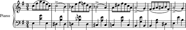 
\version "2.14.2"
\header {
  tagline = ##f
}
upper = \relative c'' {
  \clef treble 
  \key e \minor
  \time 3/4
  \tempo 4 = 130
  \tempo "Vivace"
  %\autoBeamOff
  \set Score.currentBarNumber = #26
   c8( fis a g e c) c2->( b4) bes8 e g f! d bes bes2->( a4)
   a8 dis fis e c a a2->( g4) fis8( g a ais b fis) a2->( g4)
}
lower = \relative c {
  \clef bass
  \key e \minor
  \time 3/4
   e4 < g' c, >4 e, dis < fis' b, > dis, d! < f'! bes, > d, 
   cis < e' a, > cis, c! < e' a, > c, b < e' g, > b,
   b  < b' fis > dis, e e' b
} 
\score {
  \new PianoStaff <<
    \set PianoStaff.instrumentName = #"Piano"
    \new Staff = "upper" \upper
    \new Staff = "lower" \lower
  >>
  \layout {
    \context {
      \Score
      \remove "Metronome_mark_engraver"
    }
  }
  \midi { }
}
