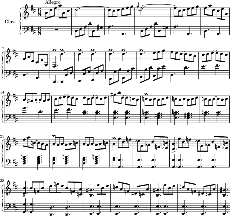 
\version "2.18.2"
\header {
  tagline = ##f
  % composer = "Domenico Scarlatti"
  % opus = "K. 401"
  % meter = "Allegro"
}
%% les petites notes
trillDp       = { \tag #'print { d''4.\prall } \tag #'midi { e32 d e d~ d4 } }
trillFisp     = { \tag #'print { fis4.\prall } \tag #'midi { g32 fis g fis~ fis4 } }
trillCq       = { \tag #'print { c8\prall } \tag #'midi { d32 c d c } }
trillBq       = { \tag #'print { b8\prall } \tag #'midi { c32 b c b } }
trillBp       = { \tag #'print { b4.\prall } \tag #'midi { c32 b c b~ b4 } }
upper = \relative c'' {
  \clef treble 
  \key d \major
  \time 6/8
  \tempo 4. = 92
  \set Staff.midiInstrument = #"harpsichord"
  \override TupletBracket.bracket-visibility = ##f
      s8*0^\markup{Allegro}
      a8 d fis a a, cis | d2.~ | d8 cis d e fis g | \appoggiatura g4 fis2.~ | fis8 cis d e fis g |
      % ms. 6
      fis8 a d, cis e g, | fis a d, cis e g, | \trillFisp \repeat unfold 6 { \trillDp }
      % ms. 11 suite
      e8 fis g | fis e d~ d cis b | cis d e~ e d cis | b ais b~ b ais b | cis d e~ e d cis |
      % ms. 16
      d8 cis d~ d cis d gis b d,~ d c b | \trillCq \repeat unfold 2 { b c b c d c } b c~ c b c |
      % ms. 21
      fis8 a c,~ c b a | \trillBq a8 b a b c | b a b a b c | \trillBp \repeat unfold 2 { g'8 d f | ees  g, aes d f, < ees c' >8 |
      % ms. 26
      < d b' >4.-> } | b'8 f b | d f d b f < c a' > | < b gis' >4. \repeat unfold 2 { e'8 b d | c a f dis c a' < b, gis' >4. }
}
lower = \relative c' {
  \clef bass
  \key d \major
  \time 6/8
  \set Staff.midiInstrument = #"harpsichord"
  \override TupletBracket.bracket-visibility = ##f
    % ************************************** \appoggiatura \repeat unfold 2 {  } \times 2/3 { }
      R2. | \repeat unfold 2 { d,8 fis a d d, gis | a4. a, } | 
      % ms. 6
      \repeat unfold 2 { d4. a } d,4. d8 d' fis | e, e' g fis, fis' a | g, g' b | a, a' cis |
      % ms. 11
      b,8 b' d cis, cis' e | d,4. d' | e fis | g d | e fis | 
      % ms. 16
      < b, d >4. q | < e, b' d >4. q | \repeat unfold 2 { < e a c > < e gis b > } | < a c >4. q |
      % ms. 21
      < d, fis a c >4. q | \repeat unfold 2 { < d g b > < d fis a c > } | < g b > \repeat unfold 9 { < g, g' > }
      % ms. 29
      < d d' >4. q \repeat unfold 9 { < e e' >4. }
}
thePianoStaff = \new PianoStaff <<
    \set PianoStaff.instrumentName = #"Clav."
    \new Staff = "upper" \upper
    \new Staff = "lower" \lower
  >>
\score {
  \keepWithTag #'print \thePianoStaff
  \layout {
      #(layout-set-staff-size 17)
    \context {
      \Score
     \override SpacingSpanner.common-shortest-duration = #(ly:make-moment 1/2)
      \remove "Metronome_mark_engraver"
    }
  }
}
\score {
  \keepWithTag #'midi \thePianoStaff
  \midi { }
}
