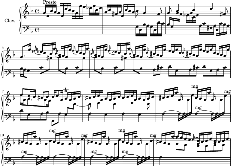 
\version "2.18.2"
\header {
  tagline = ##f
}
%% les petites notes
trillBes     = { \tag #'print { bes\trill } \tag #'midi { c32 bes c bes } }
upper = \relative c'' {
  \clef treble 
  \key f \major
  \time 4/4
  \tempo 4 = 90
  \set Staff.midiInstrument = #"harpsichord"
    g16^\markup{Presto} d bes' a  g d d' c  bes g g' f  ees g c, ees | a, c fis, a  d, c' bes a bes8 g4 fis8 |
    % ms. 3
    \stemUp g8 bes4 c d fis,8 | g8. g'16 \appoggiatura f!16 ees16 d c a'  \appoggiatura c,16 bes16 a g g' \appoggiatura f16 ees d c a' |
    % ms. 5
    \appoggiatura c,16 bes16 a g g' | \appoggiatura f16 ees16 d c a' | \appoggiatura c,16 bes16 a g g' | \repeat unfold 2 { \appoggiatura d16 cis16 bes a g' | f e16 g d } cis16 bes a g' |
    % ms. 7
    << { f8 e16 d cis8 d d16 e8 a,16 bes\trill a bes d | \repeat unfold 2 { cis16 d e a, bes a bes d } } \\ { f16 a, bes8. a8 g16 s4  \stemUp \change Staff = "lower" g,8 \stemDown \change Staff = "upper" d'8~ d e4 d e d8 } >> 
    % ms. 9
    cis'16 d e a a, s8. \repeat unfold 5 { cis16 bes a a' a, s8. } cis16 bes a a'~ a g f e  << { \stemUp \appoggiatura e16 \stemUp d16 cis d f  d cis d f } \\ { \stemUp a,4 bes } >> % RESTE À FAIRE : décaler les notes
}
lower = \relative c' {
  \clef bass
  \key f \major
  \time 4/4
  \set Staff.midiInstrument = #"harpsichord"
    % *****************************
    s1 s2 g16 d bes' a  g d d' c  bes g \stemDown \change Staff = "upper" g' f  ees g c, ees | \change Staff = "lower" a, c fis, a d, c' bes a | bes a g8 \repeat unfold 3 { c8 \stemDown \change Staff = "upper" fis g[ \change Staff = "lower" bes,8] \change Staff = "lower" } a8 cis | \repeat unfold 2 { d8 g, a cis } | d8 g, a bes a, a' g4 | a4 g a g | 
    % ms. 11
   \repeat unfold 2 {a4~ a16 a \change Staff = "upper" a' f'^\markup{mg} \change Staff = "lower" a,,4~^\markup{mg} a16 a \change Staff = "upper" a' e'^\markup{mg} \change Staff = "lower" a,,4~^\markup{mg} a16 a \change Staff = "upper" a' d^\markup{mg} \change Staff = "lower" } a,4 \change Staff = "upper" a'8 g f f g g |
} 
thePianoStaff = \new PianoStaff <<
    \set PianoStaff.instrumentName = #"Clav."
    \new Staff = "upper" \upper
    \new Staff = "lower" \lower
  >>
\score {
  \keepWithTag #'print \thePianoStaff
  \layout {
      #(layout-set-staff-size 17)
    \context {
      \Score
     \override SpacingSpanner.common-shortest-duration = #(ly:make-moment 1/2)
      \remove "Metronome_mark_engraver"
    }
  }
}
\score {
  \keepWithTag #'midi \thePianoStaff
  \midi { }
}
