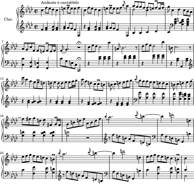 
\version "2.18.2"
\header {
  tagline = ##f
  % composer = "Domenico Scarlatti"
  % opus = "K. 481"
  % meter = "Andante è cantabbile"
}
%% les petites notes
trillFqq     = { \tag #'print { f8\prall } \tag #'midi { g32 f g f } }
trillEesqq   = { \tag #'print { ees8\prall } \tag #'midi { f32 ees f ees } }
trillCqq     = { \tag #'print { c8\prall } \tag #'midi { d32 c d c } }
trillGqqq    = { \tag #'print { g16\prall } \tag #'midi { \times 2/3 { g32 aes g } } }
trillB       = { \tag #'print { b4\prall } \tag #'midi { c32 b c b~ \tempo 4 = 70 b8 \tempo 4 = 90 } }
upper = \relative c'' {
  \clef treble 
  \key f \minor
  \time 2/2
  \tempo 4 = 90
  \set Staff.midiInstrument = #"harpsichord"
  \override TupletBracket.bracket-visibility = ##f
  \omit TupletNumber
      s8*0^\markup{Andante è cantabbile} 
      c4 f8 ees des4 c | e \trillFqq e8 e4 f | c4 f8 ees des4 c | e \trillFqq e8 e[ f] \appoggiatura bes16 aes4~ |
      % ms. 5
      << { aes8 g g f f[ e] \trillFqq e16 f } \\ { des2 c4 } >> g'8 c,4 des c8 bes aes | aes g c f, f[ e] \trillFqq e16 f | f8( g4.) r2\fermata |
      % ms. 9
      \times 2/3 { c8 ees des } c2 aes'4 | a,8 bes2. r8 | \times 2/3 { des8 f ees } des2 bes'4 | b,8 c2. r8 | 
      % ms. 13
      c'8 aes4 f ees8 \trillEesqq d8 | d ees4 d8 d[ ees] ees f16 g | aes8 f4 d c8 \trillCqq b8 | b c4  d ees8 f g |
      % ms. 17
      \appoggiatura aes16 g8 f f ees  ees d d c | b8  c4 d ees f8~ | f fis g d ees fis,4 \trillGqqq fis16 | g8 b d f  aes, b d f |
      % m. 21
      \appoggiatura bes4 aes2. \appoggiatura c16 b4~ | b d2 d,4 | \times 2/3 { ees8[ f g] } \times 2/3 { f ees d } c4 \trillB | 
      \appoggiatura bes'8 aes2. \appoggiatura c16 b4~ | b d2 d,4 | \times 2/3 { ees8[ f g] } \times 2/3 { f ees d } c4 \trillB | c4 s4
}
lower = \relative c' {
  \clef bass
  \key f \minor
  \time 2/2
  \set Staff.midiInstrument = #"harpsichord"
    % **************************************
        \clef treble f4 < f aes > < f bes > < f aes > | < g bes > aes8 g f4 f, | r4 < f' aes > < f bes > < f aes > | < g bes > aes8 g f4 f, |
       % ms. 5
       bes4 bes c des | c   \clef bass < aes c f >4 < g bes c e > < f aes c f > | < c c' >4 < aes f' > < g e' > < f f' > | c''8 g e c   \tempo 4 = 70 c,2\fermata
       % ms. 9
       \tempo 4 = 90 r4 < c'' ees >4 q q | r4 < des f >4 q q | r4 < ees g >4 q q | r4 < aes, c >4 aes, \tempo 4 = 70 < aes' c > 
       % ms. 13
       \tempo 4 = 90  \clef treble r4 < aes' c >4 < aes bes > q | r4 < g bes >4 q q | r4 < f aes >4 < f g > q | r4 < ees g >4 q q |
       % ms. 17
        \clef bass  < aes, g' >4 < aes f' > q q | < g f' >4 < g ees' g > < g d' f > < g c ees > | < g d' > q < g c d > q | < g d' >2 r2 
       % ms. 21
       \repeat unfold 2 { \clef treble  r8 f''8 d b aes f d b |  \clef bass aes f d b g4 b' | c < f, f' >4 < g ees' > < g d' > } | << { c4 } \\ { c,2 } >>
}
thePianoStaff = \new PianoStaff <<
    \set PianoStaff.instrumentName = #"Clav."
    \new Staff = "upper" \upper
    \new Staff = "lower" \lower
  >>
\score {
  \keepWithTag #'print \thePianoStaff
  \layout {
      #(layout-set-staff-size 17)
    \context {
      \Score
     \override SpacingSpanner.common-shortest-duration = #(ly:make-moment 1/2)
      \remove "Metronome_mark_engraver"
    }
  }
}
\score {
  \keepWithTag #'midi \thePianoStaff
  \midi { }
}
