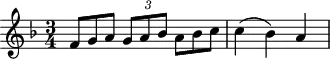 
\header {
  tagline = ##f
}
\score {
  \new Staff \with {
  }
<<
  \relative c' {
    \key f \major
    \time 3/4
    \override TupletBracket #'bracket-visibility = ##f 
    \autoBeamOff
     %%%%%%%%%%%%%%%%%%%%%%%%%% K5
     {\times 2/3 { f8[ g a]  g[ a bes] a[ bes c] }} c4( bes) a
  }
>>
  \layout {
    \context {
      \remove "Metronome_mark_engraver"
    }
  }
  \midi {}
}
