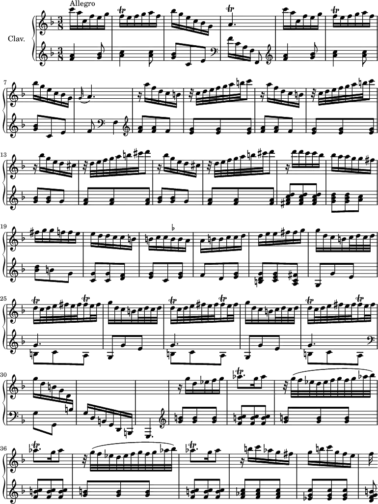 
\version "2.18.2"
\header {
  tagline = ##f
  % composer = "Domenico Scarlatti"
  % opus = "K. 107"
  % meter = "Allegro"
}
%% les petites notes
trillAesqp     = { \tag #'print { aes8.\trill } \tag #'midi { bes32 aes bes aes~ aes16 } }
trillDqq       = { \tag #'print { d16\trill } \tag #'midi { \times 2/3 { d32 e d } } }
trillFisqq     = { \tag #'print { fis16\trill } \tag #'midi { \times 2/3 { fis32 g fis } } }
trillFqq       = { \tag #'print { f16\trill } \tag #'midi { \times 2/3 { f32 g f } } }
trillAp        = { \tag #'print { a4.\trill } \tag #'midi { bes32 a bes a~ a4 } }
ficta          = { \once \set suggestAccidentals = ##t }
upper = \relative c'' {
  \clef treble 
  \key f \major
  \time 3/8
  \tempo 4. = 62
  \set Staff.midiInstrument = #"harpsichord"
  \override TupletBracket.bracket-visibility = ##f
      s8*0^\markup{Allegro}
      c'16 a c, f e g | \trillFqq e16 f g a f | bes g e c bes g | \trillAp | c'16 a c, f e g |
      % ms. 6
      \trillFqq e16 f g a f | bes g e c bes g | \appoggiatura g32 a4. | \repeat unfold 2 { r16 a' f d c b | r32 c32 d e f g a b c8 } |
      % ms. 13
      \repeat unfold 2 { r16 bes16 g e d cis | r32 d e f g a b cis d8 }
      % ms. 17
      r16 d16 d c c bes | bes a a g g fis | fis g g f f e | e d d c c b | b c c \ficta bes bes a | a b b c c d |
      % ms. 23
      d16 e e fis fis g | \repeat unfold 3 { g d c b c32 d c d | \trillDqq c32 d e fis e fis \trillFisqq e32 fis } |
      % ms. 30
      g16 d b g d \stemUp \change Staff = "lower" b | s4. s4.  \stemNeutral \change Staff = "upper" 
      % ms. 33
      r16 g''16 d ees f g | \trillAesqp g16 aes8 | \repeat unfold 2 { r32 g32( f ees d ees f g f g aes bes) | \trillAesqp g16 aes8 } |
      % ms. 39
      r16 b16 c aes g fis | g b c g f e | f
}
lower = \relative c' {
  \clef bass
  \key f \major
  \time 3/8
  \set Staff.midiInstrument = #"harpsichord"
  \override TupletBracket.bracket-visibility = ##f
    % ************************************** \appoggiatura a16  \repeat unfold 2 {  } \times 2/3 { }   \omit TupletNumber 
        \clef treble  < f a >4 < g bes >8 | < a c >4 q8 | < g bes >8 c, e |   \clef bass f16[ c a f]   \tempo 4. = 30 f,8 |   \tempo 4. = 62 \clef treble  < f'' a >4 < g bes >8 |
      % ms. 6
      < a c >4 q8 | < g bes >8 c, e | f8 \clef bass   \tempo 4. = 50 f,4 |   \tempo 4. = 62 \clef treble \repeat unfold 2 { < f' a >8 q f | < e g >8 q q } |
      % ms. 13
      \repeat unfold 2 { < g bes >8 q g | < f a > q q } |
      % ms. 17
      < fis a c d >8-\tweak stencil ##f \p q q | < g bes d >8 q < a c >-\tweak stencil ##f \f | < bes d > b g | < c, g' > q < d f > | < e g > c < e g > | f d < e g > | 
      % ms. 23
      < b d g >8 < c e g > < a c fis > | \repeat unfold 3 { g g' e | << { g4. } \\ { b,8 c a } >> } \clef bass  \stemDown
      % ms. 30
      g8 g, s8 | \stemNeutral g'16 d b g d b |   \tempo 4. = 50 g4. \clef treble   \tempo 4. = 62
      % ms. 33
      \repeat unfold 3 { < g''' b >8 q q | < f b c >8 q q } | 
      % ms. 38
      < f aes c >8 q q | < ees g c >8 q q | < d f g b >8*1/2
}
thePianoStaff = \new PianoStaff <<
    \set PianoStaff.instrumentName = #"Clav."
    \new Staff = "upper" \upper
    \new Staff = "lower" \lower
  >>
\score {
  \keepWithTag #'print \thePianoStaff
  \layout {
      #(layout-set-staff-size 17)
    \context {
      \Score
     \override SpacingSpanner.common-shortest-duration = #(ly:make-moment 1/2)
      \remove "Metronome_mark_engraver"
    }
  }
}
\score {
  \keepWithTag #'midi \thePianoStaff
  \midi { }
}
