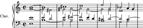 
\version "2.18.2"
\header {
  tagline = ##f
}
upper = \relative c'' {
  \clef treble 
  \key c \major
  \time 2/2
  \tempo 2 = 66
  \tempo "Con brio"
  \set Staff.midiInstrument = #"church organ"
  << { b1~ b cis d e2 a, bes a4 g } \\ { g1~ g2 fis gis a~ a g~ g f e1 s8 } >>
}
lower = \relative c' {
  \clef bass
  \key c \major
  \time 2/2
  \set Staff.midiInstrument = #"church organ"
  << { e1 e2 d e fis~ fis e4 d cis2 d~ d c~ \hideNotes c8 } \\ { e,1 b'1~ b2 a b1 a g2 a } >>
} 
\score {
  \new PianoStaff <<
    \set PianoStaff.instrumentName = #"Clav."
    \new Staff = "upper" \upper
    \new Staff = "lower" \lower
  >>
  \layout {
    \context {
      \Score
      \remove "Metronome_mark_engraver"
    }
  }
  \midi { }
}
