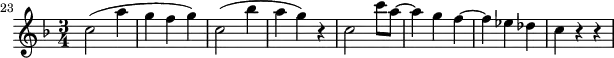 
\header {
  tagline = ##f
}
\score {
  \new Staff \with {
  }
<<
  \relative c'' {
    \key f \major
    \time 3/4
    \tempo 4 = 80
    \override TupletBracket #'bracket-visibility = ##f 
    %\autoBeamOff
    \set Staff.midiInstrument = #"string ensemble 1"
  \set Score.currentBarNumber = #23
  \bar ""
     %%% AB 5-3 th2
     c2( a'4 g f g) c,2( bes'4 a g) r4 c,2 c'8 a~ a4 g f4~ f ees des c r4 r4
  }
>>
  \layout {
    \context { \Score \remove "Metronome_mark_engraver"
    }
  }
  \midi {}
}
