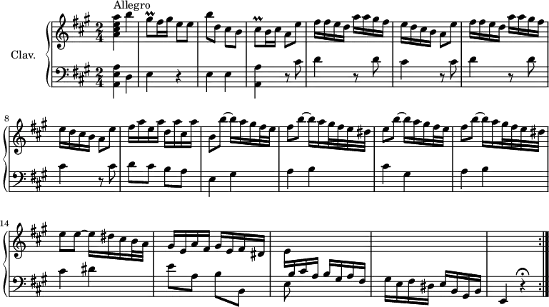 
\version "2.18.2"
\header {
  tagline = ##f
  % composer = "Domenico Scarlatti"
  % opus = "K. 74"
  % meter = "Allegro"
}
%% les petites notes
trillCisq      = { \tag #'print { cis8\prall } \tag #'midi { d32 cis d cis } }
trillGisq      = { \tag #'print { gis8\prall } \tag #'midi { a32 gis a gis } }
upper = \relative c'' {
  \clef treble 
  \key a \major
  \time 2/4
  \tempo 4 = 92
  \set Staff.midiInstrument = #"harpsichord"
  \override TupletBracket.bracket-visibility = ##f
  \repeat volta 2 {
      s8*0^\markup{Allegro}
      < a cis e a >4 b' | \trillGisq fis16 gis e8 e | b' d, cis b | \trillCisq b16 cis a8 e' | \repeat unfold 2 { fis16 fis e d a' a gis fis |
      % ms. 6
      e16 d cis b a8 e' } | fis16 a e a d, a' cis, a' |
      % ms. 10
      b,8 b'~ b16 a gis fis32 e | fis8 b~ b16 a gis32 fis e dis | e8 b'~ b16 a gis fis32 e | fis8 b~ b16 a gis32 fis e dis
      % ms. 14
      e8 e~ e16 dis cis b32 a | gis16 e a fis gis e fis dis | \stemDown e \stemUp  \change Staff = "lower"  b cis a b gis a fis | s2 | s2 }%repet
      % ms. 19
}
lower = \relative c' {
  \clef bass
  \key a \major
  \time 2/4
  \set Staff.midiInstrument = #"harpsichord"
  \override TupletBracket.bracket-visibility = ##f
  \repeat volta 2 {
    % ************************************** \appoggiatura a16  \repeat unfold 2 {  } \times 2/3 { }   \omit TupletNumber 
      < a, e' a >4 d | e r4 | e4 e  | < a, a' > r8 cis'8 | \repeat unfold 2 { d4 r8 d8 |
      % ms. 6
      cis4 r8 cis8 } | d8 cis b a |
      % ms. 10
      e4 \repeat unfold 2 { gis4 | a b |
      % ms. 14
      cis4 } dis4 | e8 a, b b, | e8 s8 s4 | gis16 e fis dis e b gis b | e,4 r4\fermata }%repet
      % ms. 19
}
thePianoStaff = \new PianoStaff <<
    \set PianoStaff.instrumentName = #"Clav."
    \new Staff = "upper" \upper
    \new Staff = "lower" \lower
  >>
\score {
  \keepWithTag #'print \thePianoStaff
  \layout {
      #(layout-set-staff-size 17)
    \context {
      \Score
     \override SpacingSpanner.common-shortest-duration = #(ly:make-moment 1/2)
      \remove "Metronome_mark_engraver"
    }
  }
}
\score {
  \unfoldRepeats 
  \keepWithTag #'midi \thePianoStaff
  \midi { }
}
