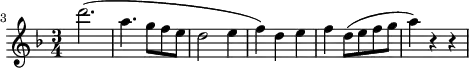 
\header {
  tagline = ##f
}
\score {
  \new Staff \with {
  }
<<
  \relative c'' {
    \key f \major
    \time 3/4
    \tempo 4 = 80
    \override TupletBracket #'bracket-visibility = ##f 
    %\autoBeamOff
    \set Staff.midiInstrument = #"string ensemble 1"
  \set Score.currentBarNumber = #3
  \bar ""
     %%% AB 5-3 th1
     d'2.( a4. g8 f e d2 e4 f) d e4 f d8( e f g a4) r4 r4
  }
>>
  \layout {
    \context { \Score \remove "Metronome_mark_engraver"
    }
  }
  \midi {}
}
