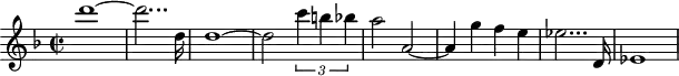 
\header {
  tagline = ##f
}
\score {
  \new Staff \with {
  }
<<
  \relative c'' {
    \clef treble
    \key f \major
    \time 2/2
    \tempo 2 = 55
    %\autoBeamOff
    \set Staff.midiInstrument = #"string ensemble 1"
     %%%%%%%%%%%%%%%%%%%%%%%%%% AB 9-1 th1
     d'1~ d2... d,16 d1~ d2 \times 2/3 { c'4 b! bes } a2 a,2~ a4 g' f e ees2... d,16 ees1
  }
>>
  \layout {
    \context { \Score \remove "Metronome_mark_engraver"
    }
  }
  \midi {}
}
