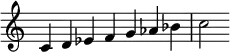  {
\override Score.TimeSignature #'stencil = ##f
\relative c' { 
  \clef treble \time 7/4
  c4^\markup {} d es f g aes bes c2
  }
}